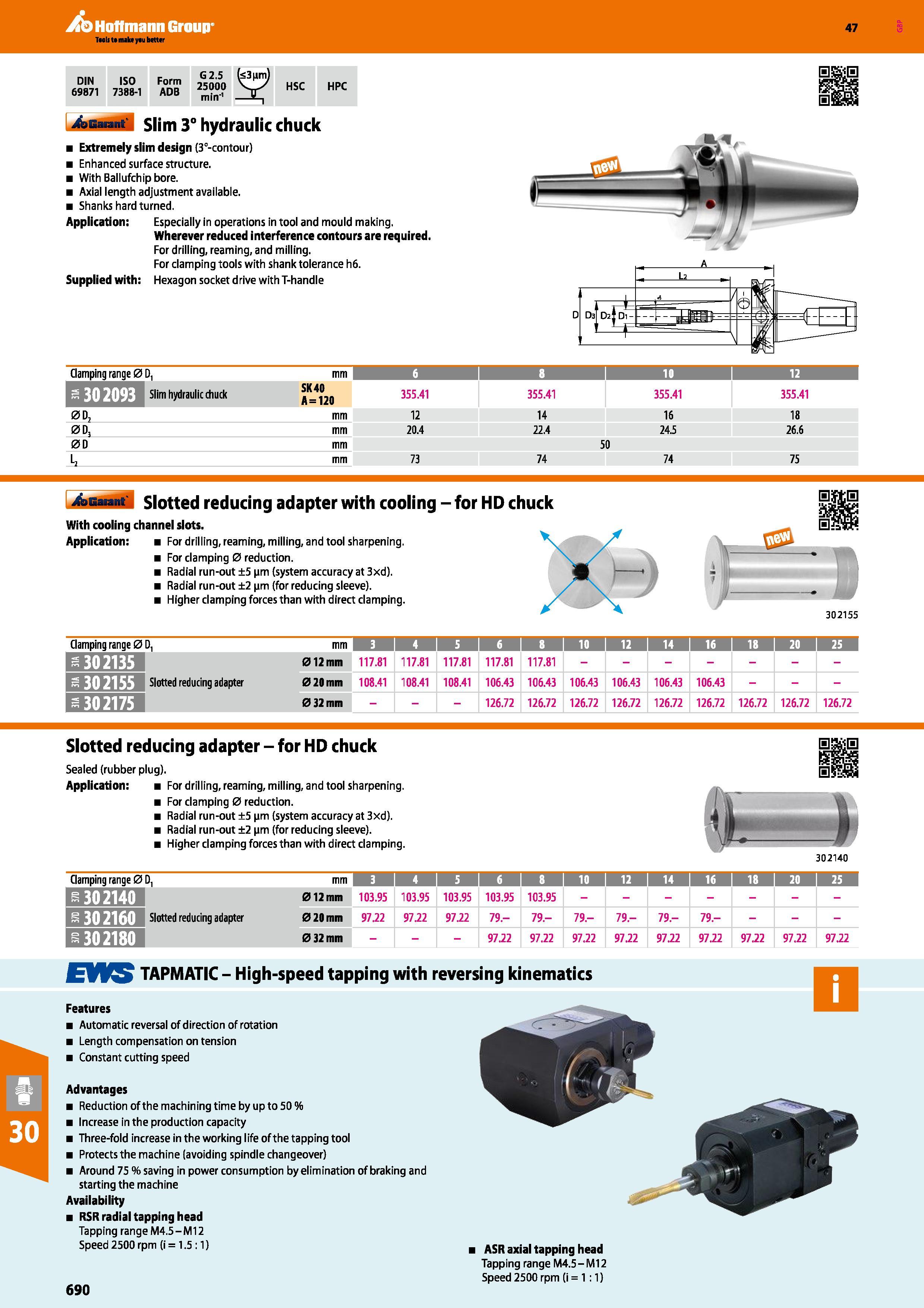 690 Hoffmann Group 47 DIN ISO 69871 7388-1 Form ADB G 2,5 (<3nm) 25000 V-X min'1 JLj HSC HPC 4asat M Slim 3° hydraulic chuck Extremely slim design (3 Каталог HOFFMANN GROUP 2016 Станочный режущий и вспомогательный инструмент для металлорежущих универсальных станков центров и комплексов с ЧПУ Версия 47 Стр. 690