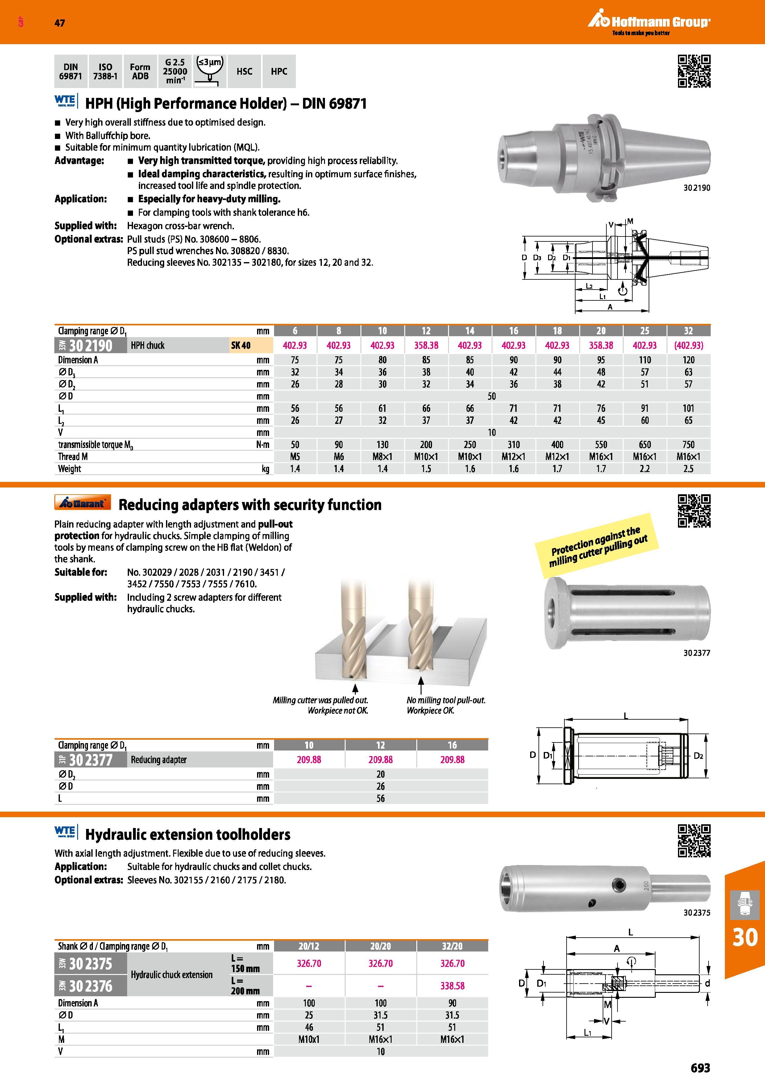 693 Hoffmann Group 47 DIN ISO 69871 7388-1 Form ADB G 2,5 (<3nm) 25000 V-X min'1 JLj HSC HPC WTE HPH (High Performance Holder) - DIN 69871 Very high Каталог HOFFMANN GROUP 2016 Станочный режущий и вспомогательный инструмент для металлорежущих универсальных станков центров и комплексов с ЧПУ Версия 47 Стр. 693