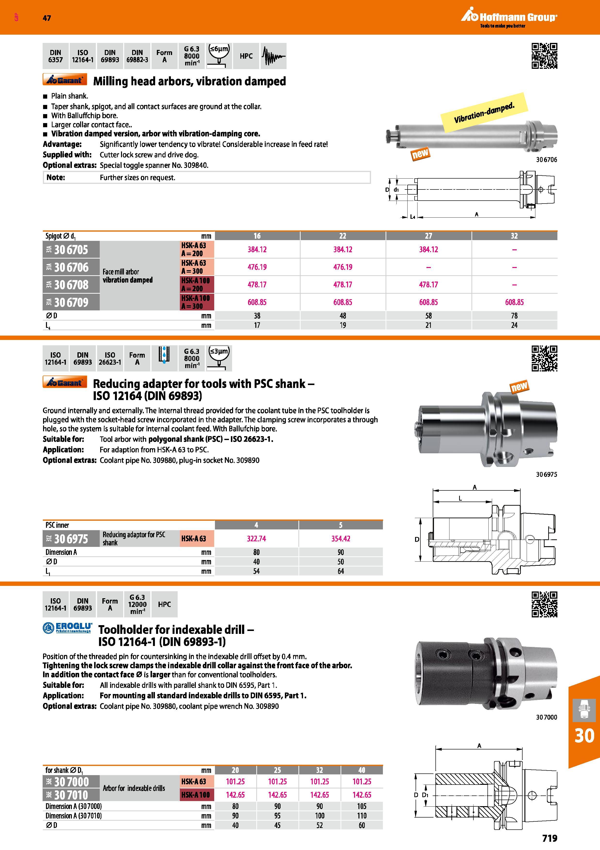 719 Hoffmann Group 47 DIN ISO DIN DIN Form 6357 12164-1 69893 69882-3 A G6 3 8000 HPC Auarant Milling head arbors, vibration damped Plain shank Taper Каталог HOFFMANN GROUP 2016 Станочный режущий и вспомогательный инструмент для металлорежущих универсальных станков центров и комплексов с ЧПУ Версия 47 Стр. 719