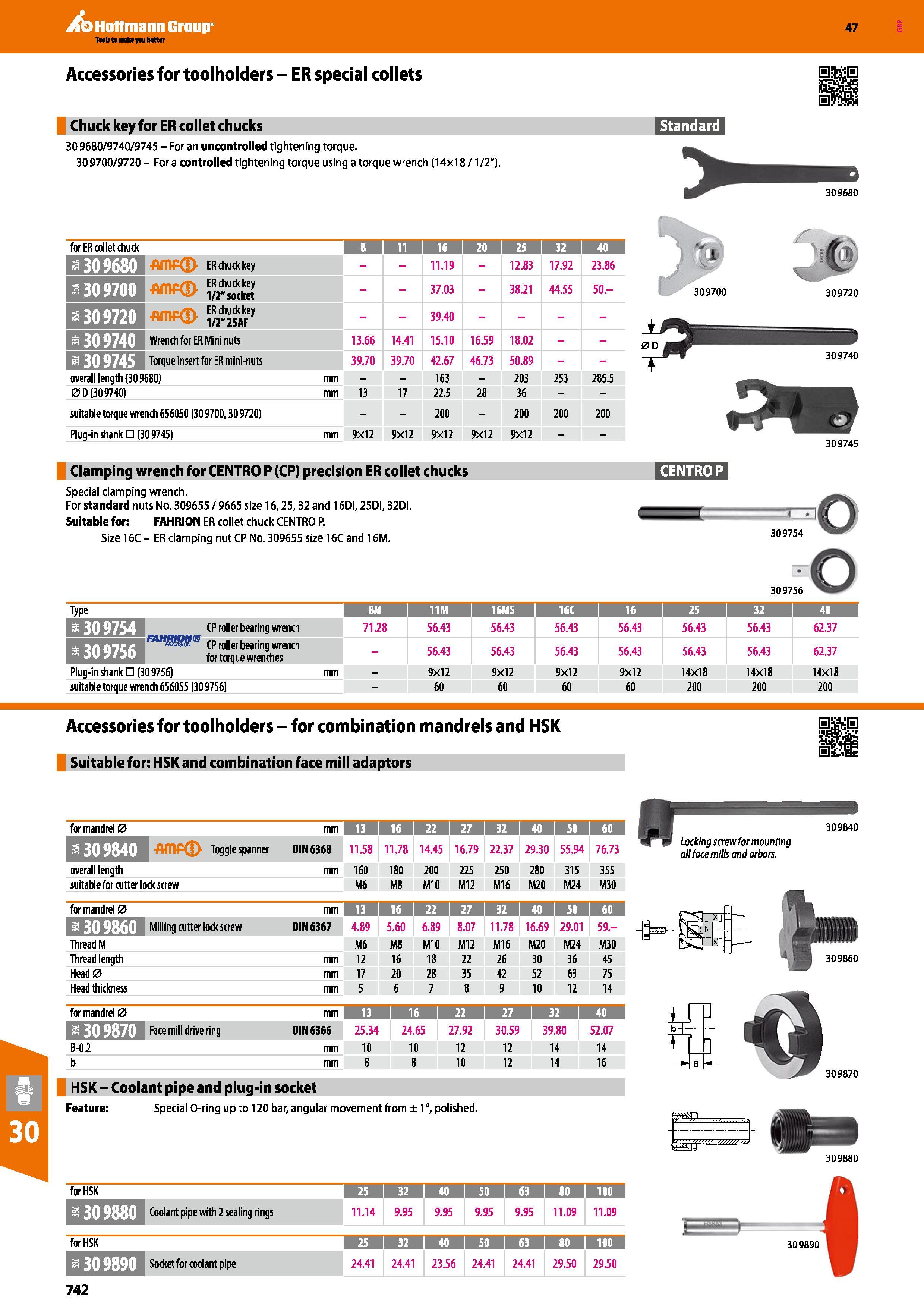 742 Hoffmann Group 47 Accessories for toolholders - ER special collets Chuck key for ER collet chucks Standard 309680/9740/9745 - For an uncontrolled Каталог HOFFMANN GROUP 2016 Станочный режущий и вспомогательный инструмент для металлорежущих универсальных станков центров и комплексов с ЧПУ Версия 47 Стр. 742