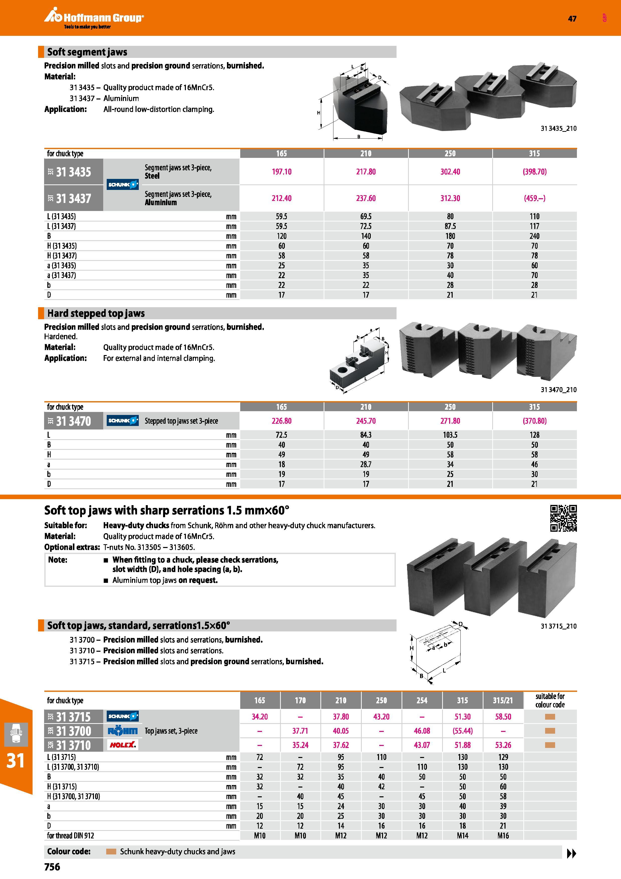 756 Hoffmann Group 47 Soft segment jaws Precision milled slots and precision ground serrations, burnished Material: 313435 - Quality product made of Каталог HOFFMANN GROUP 2016 Станочный режущий и вспомогательный инструмент для металлорежущих универсальных станков центров и комплексов с ЧПУ Версия 47 Стр. 756