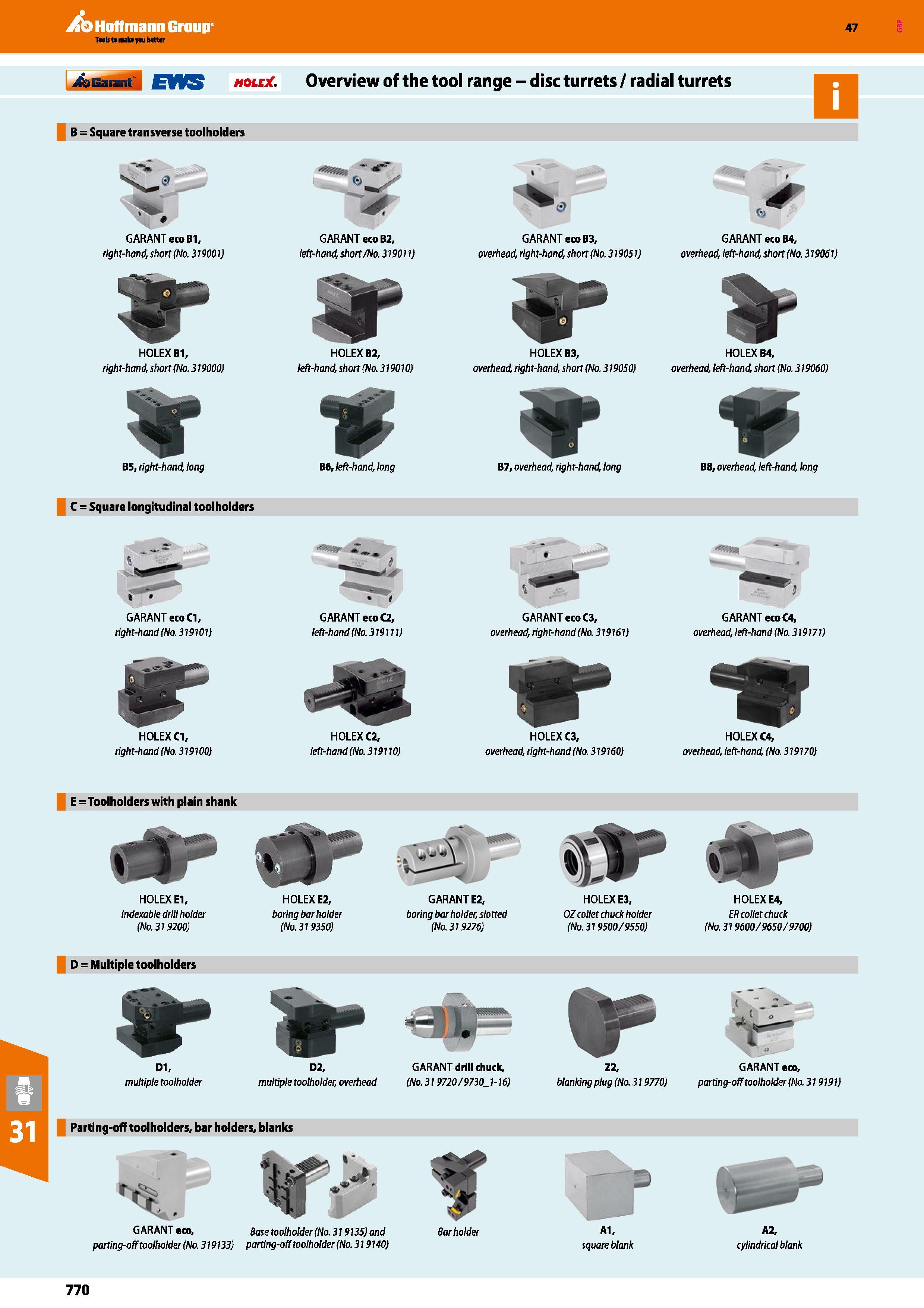 770 Hoffmann Group i&Garant EWS hole Overview of the tool range -disc turrets /radial turrets B = Square transverse toolholders GAR ANT eco B1, GARAN Каталог HOFFMANN GROUP 2016 Станочный режущий и вспомогательный инструмент для металлорежущих универсальных станков центров и комплексов с ЧПУ Версия 47 Стр. 770