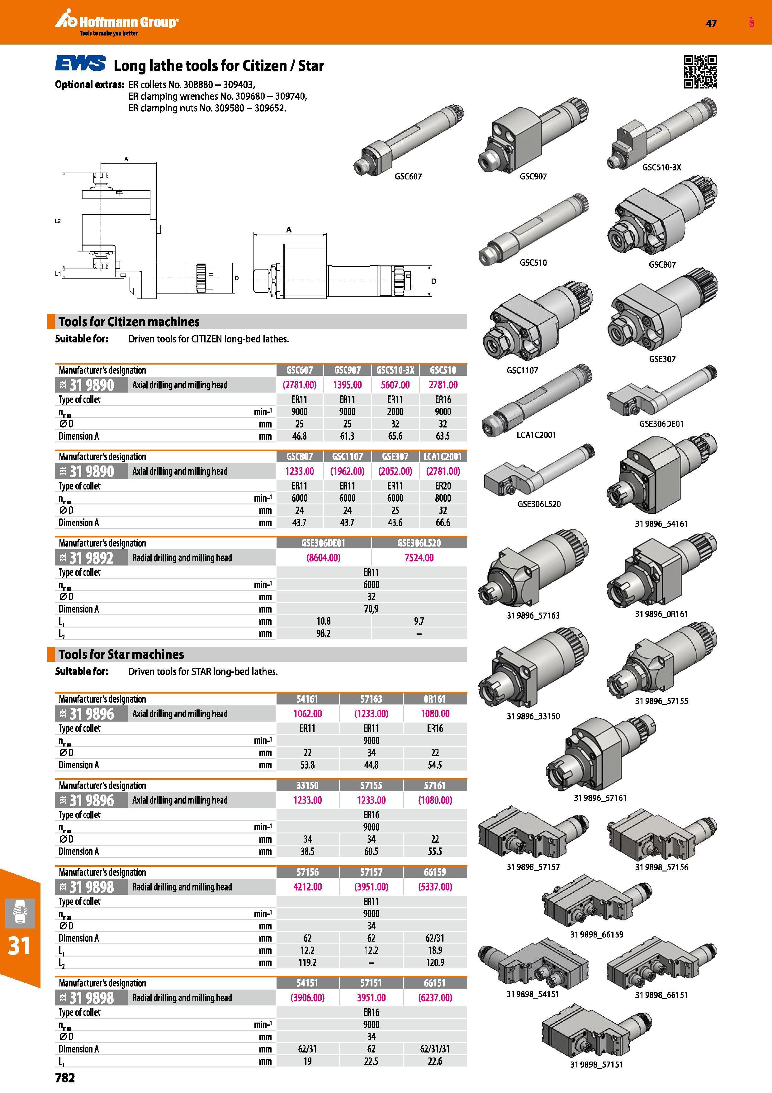 782 Hoffmann Group 47 EVI Long lathe tools for Citizen / Star Optional extras: ER collets No 308880 - 309403, ER clamping wrenches No 309680 - 309740 Каталог HOFFMANN GROUP 2016 Станочный режущий и вспомогательный инструмент для металлорежущих универсальных станков центров и комплексов с ЧПУ Версия 47 Стр. 782