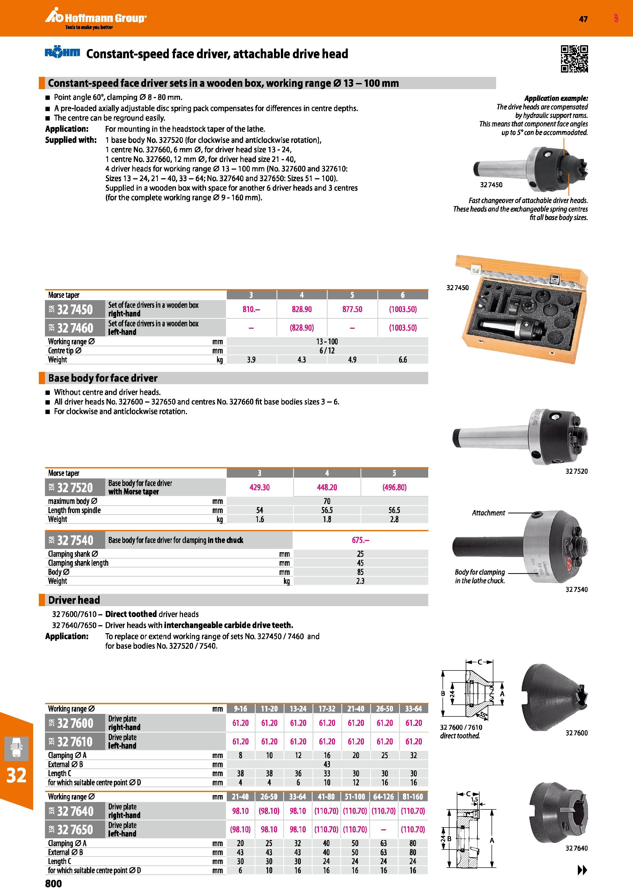 800 Hoffmann Group 47 R Hm Constant-speed face driver, attachable drive head Constant-speed face driver sets in a wooden box, working range 013 -100 Каталог HOFFMANN GROUP 2016 Станочный режущий и вспомогательный инструмент для металлорежущих универсальных станков центров и комплексов с ЧПУ Версия 47 Стр. 800