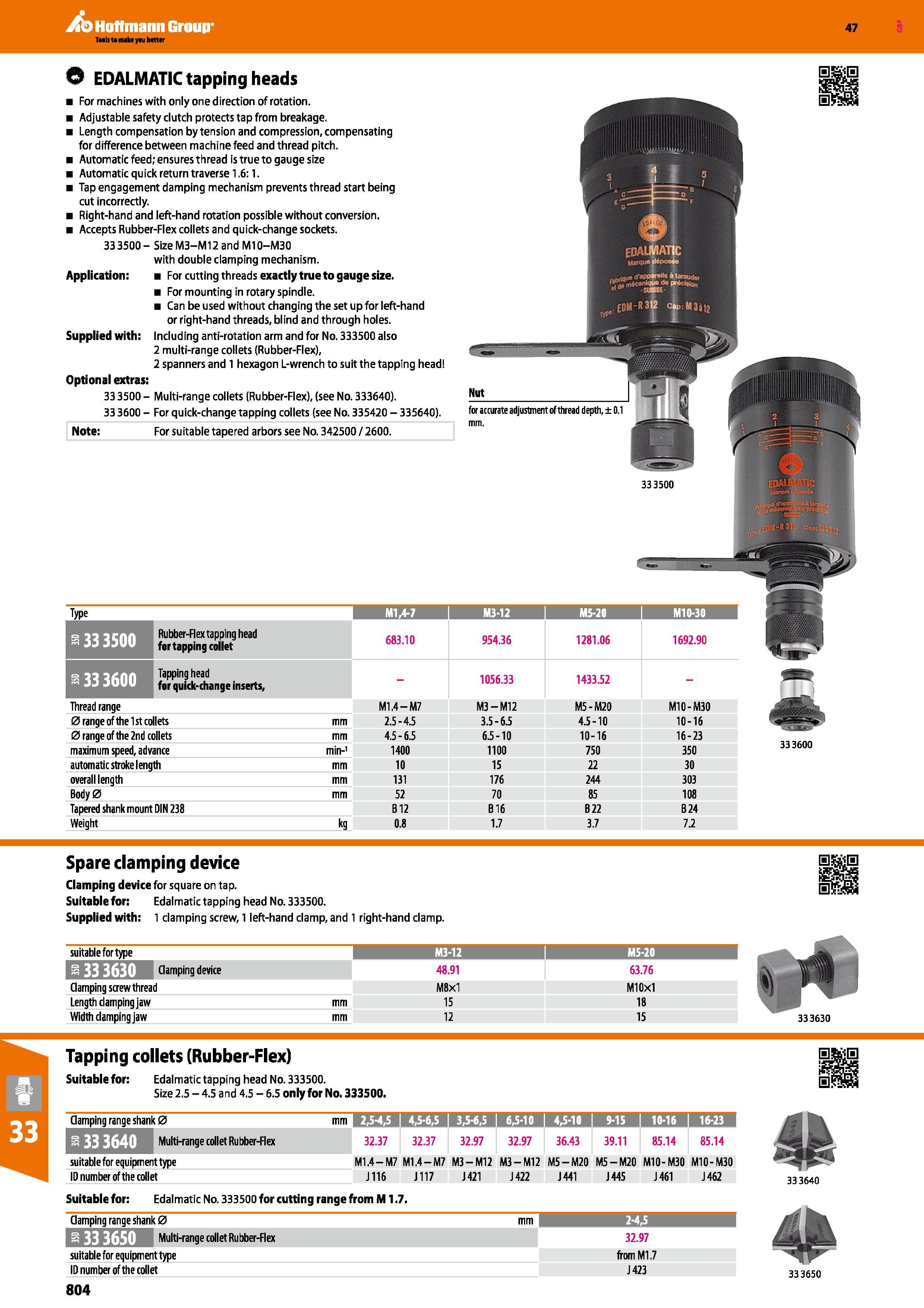 804 Hoffmann Group 47 0 EDALMATIC tapping heads For machines with only one direction of rotation Adjustable safety clutch protects tap from breakage Каталог HOFFMANN GROUP 2016 Станочный режущий и вспомогательный инструмент для металлорежущих универсальных станков центров и комплексов с ЧПУ Версия 47 Стр. 804