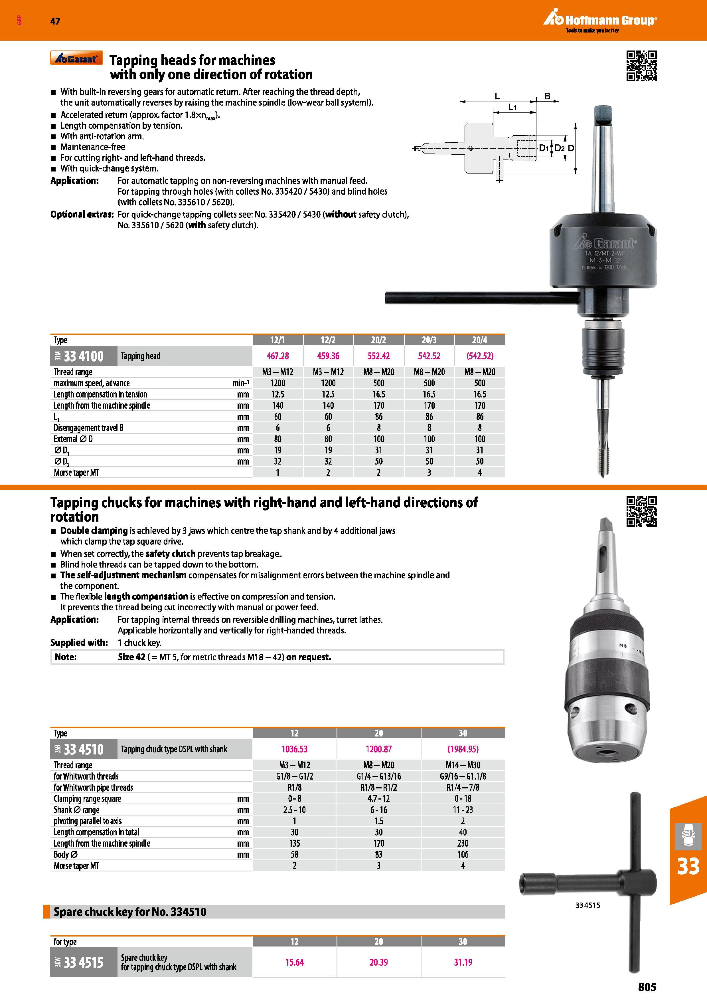 805 Hoffmann Group 47 i&Eaniit' Tapping heads for machines with only one direction of rotation With built-in reversing gears for automatic return Aft Каталог HOFFMANN GROUP 2016 Станочный режущий и вспомогательный инструмент для металлорежущих универсальных станков центров и комплексов с ЧПУ Версия 47 Стр. 805