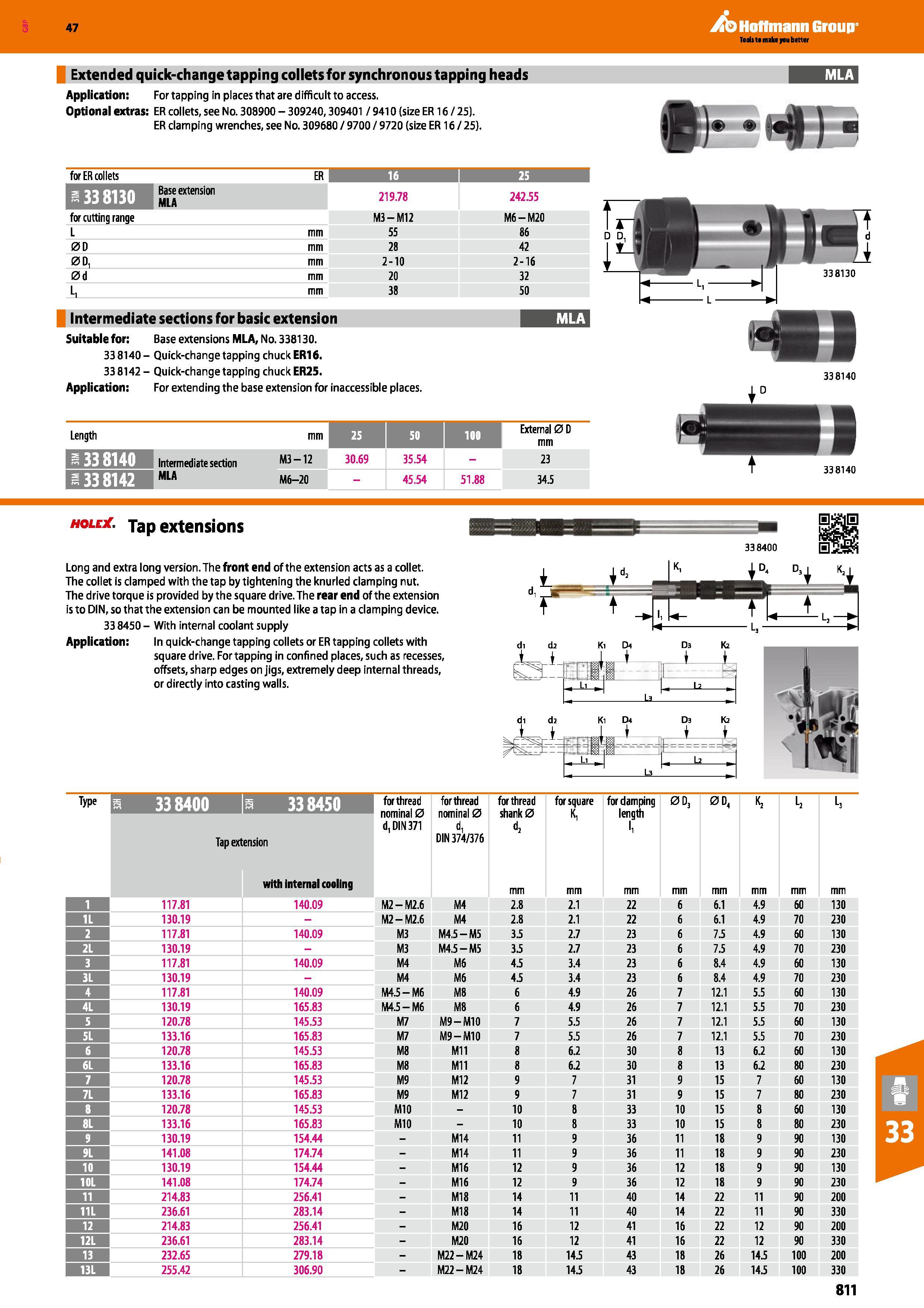 811 Hoffmann Group 47 Extended quick-change tapping collets for synchronous tapping heads Application: For tapping in places that are difficult to ac Каталог HOFFMANN GROUP 2016 Станочный режущий и вспомогательный инструмент для металлорежущих универсальных станков центров и комплексов с ЧПУ Версия 47 Стр. 811