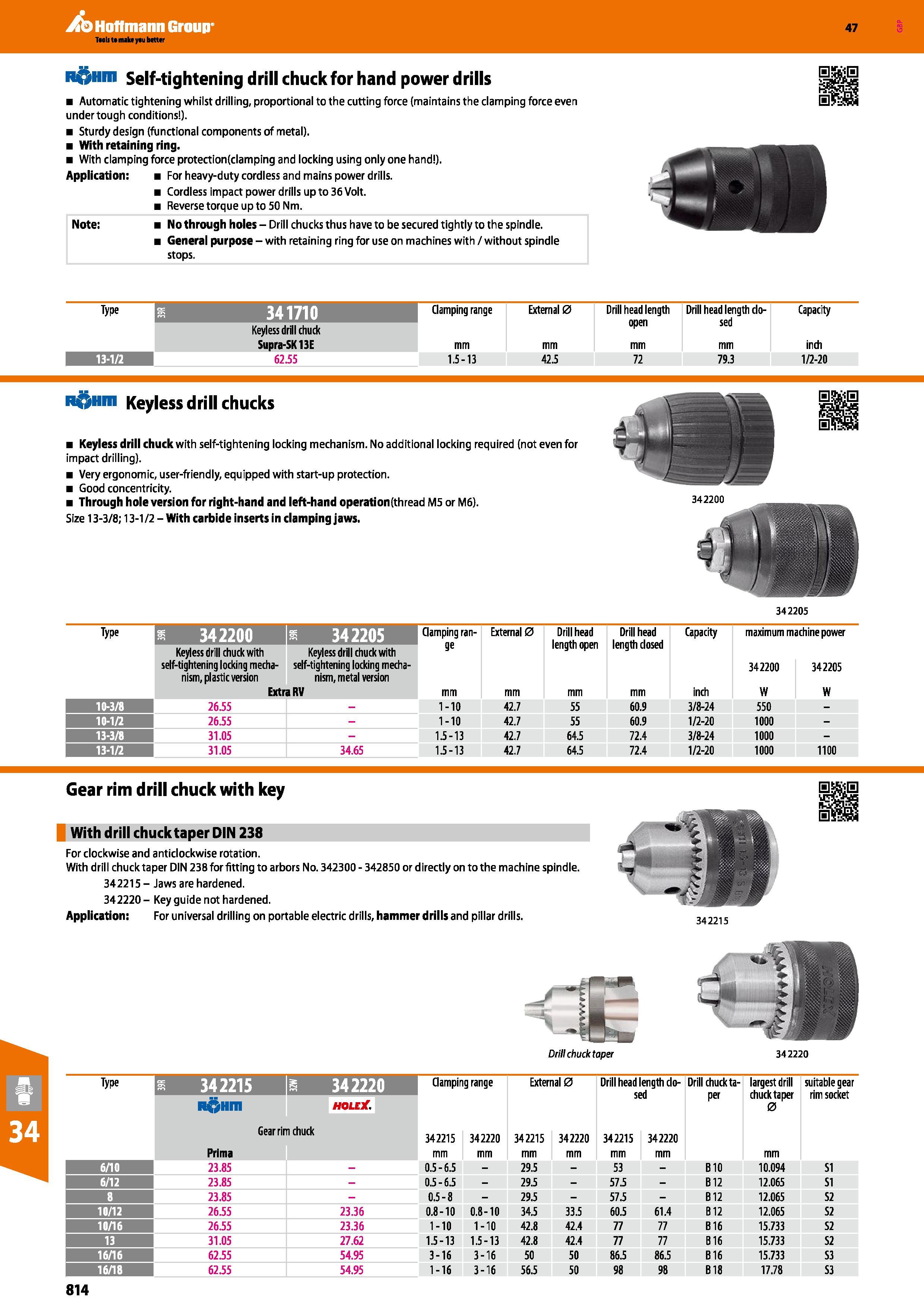 814 Hoffmann Group 47 R Hm Self-tightening drill chuck for hand power drills Automatic tightening whilst drilling, proportional to the cutting force Каталог HOFFMANN GROUP 2016 Станочный режущий и вспомогательный инструмент для металлорежущих универсальных станков центров и комплексов с ЧПУ Версия 47 Стр. 814