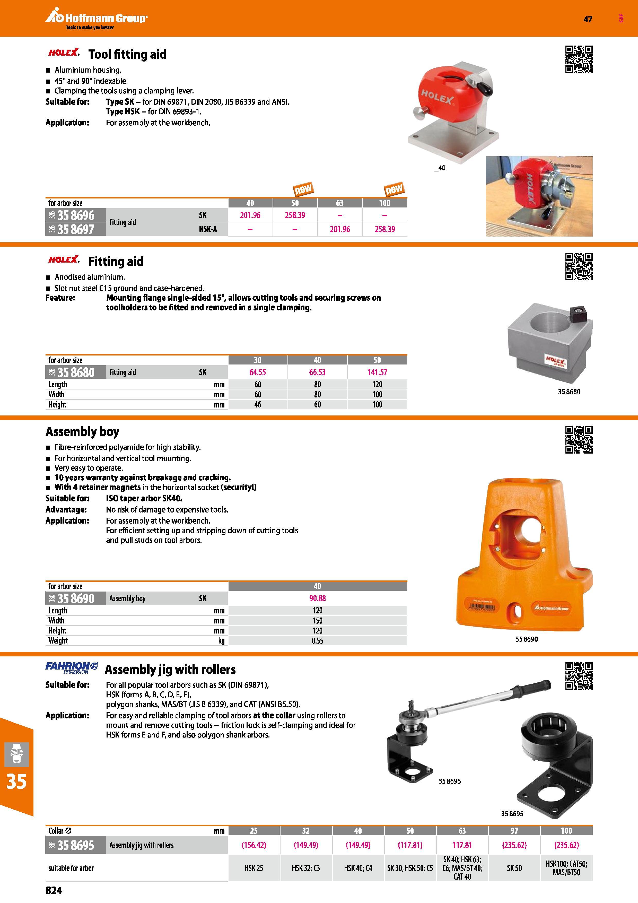 824 Hoffmann Group 47 hole Tool fitting aid Aluminium housing 45° and 90° indexable Clamping the tools using a clamping lever Suitable for: Type SK - Каталог HOFFMANN GROUP 2016 Станочный режущий и вспомогательный инструмент для металлорежущих универсальных станков центров и комплексов с ЧПУ Версия 47 Стр. 824