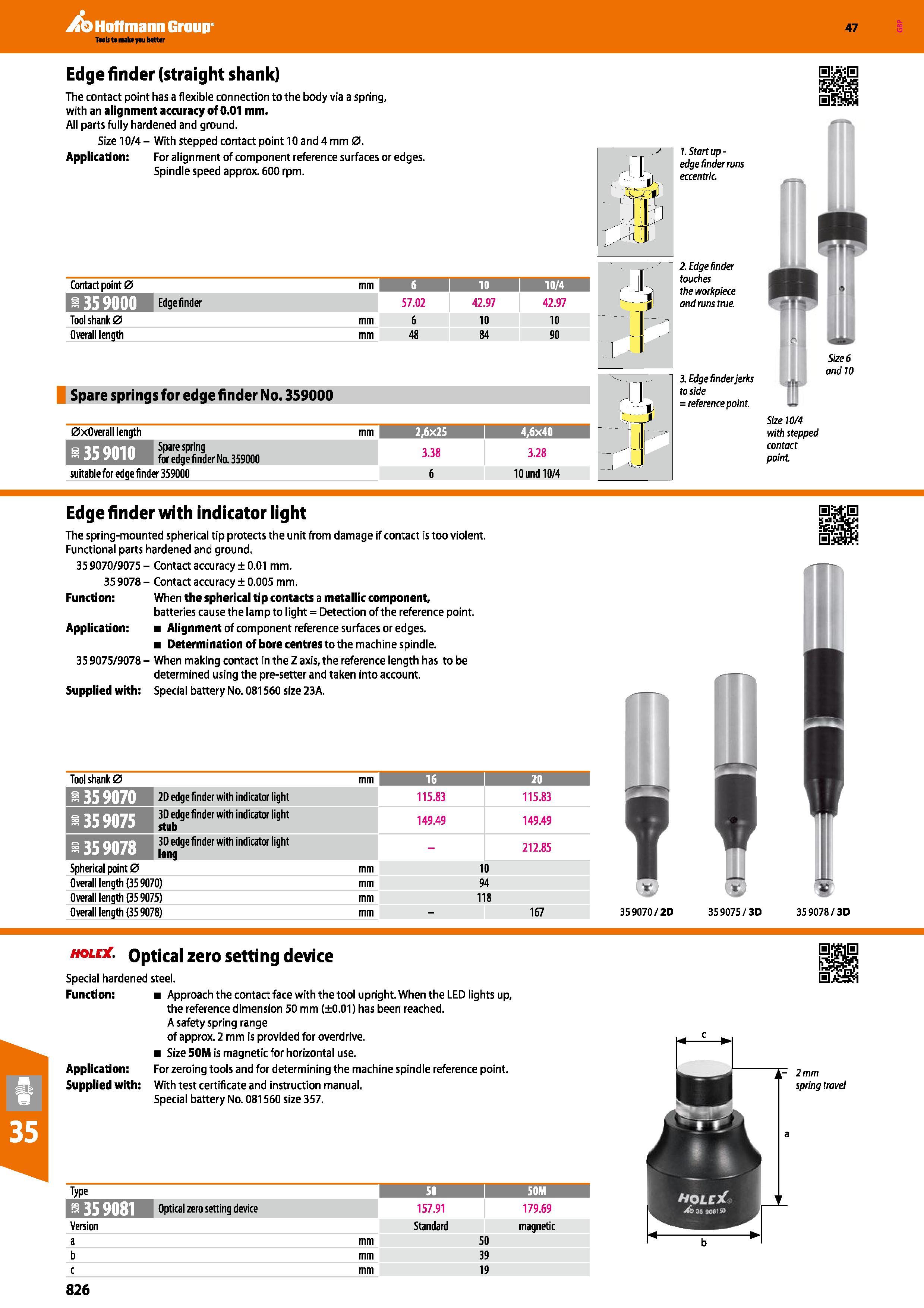 826 Hoffmann Group 47 Edge finder (straight shank) The contact point has a flexible con nection to the body via a spring, with an alignment accuracy Каталог HOFFMANN GROUP 2016 Станочный режущий и вспомогательный инструмент для металлорежущих универсальных станков центров и комплексов с ЧПУ Версия 47 Стр. 826