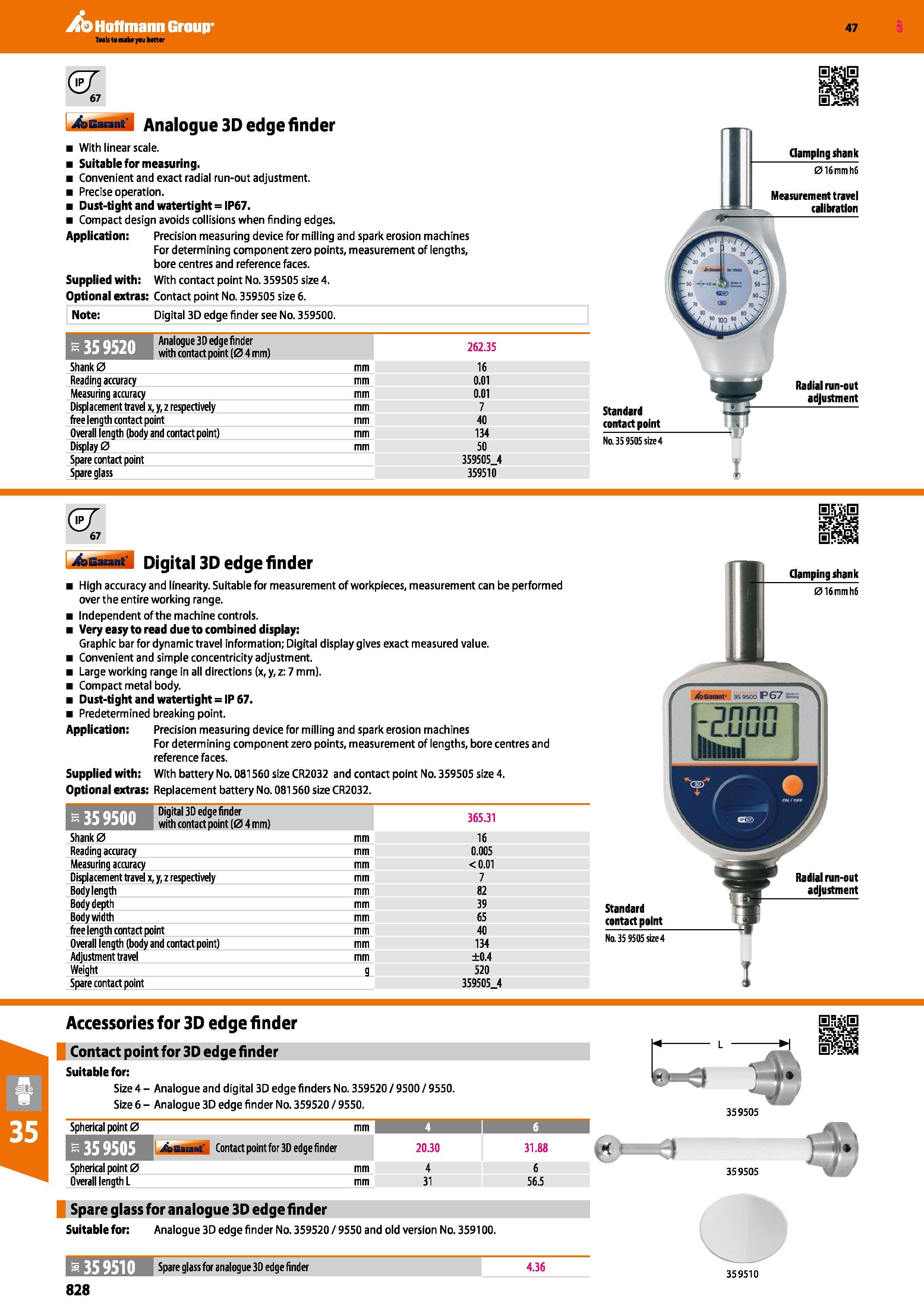 828 Hoffmann Group 47 (&T 67 4sEM tii Analogue 3D edge finder With linear scale Suitable for measuring Convenient and exact radial run-out adjustment Каталог HOFFMANN GROUP 2016 Станочный режущий и вспомогательный инструмент для металлорежущих универсальных станков центров и комплексов с ЧПУ Версия 47 Стр. 828