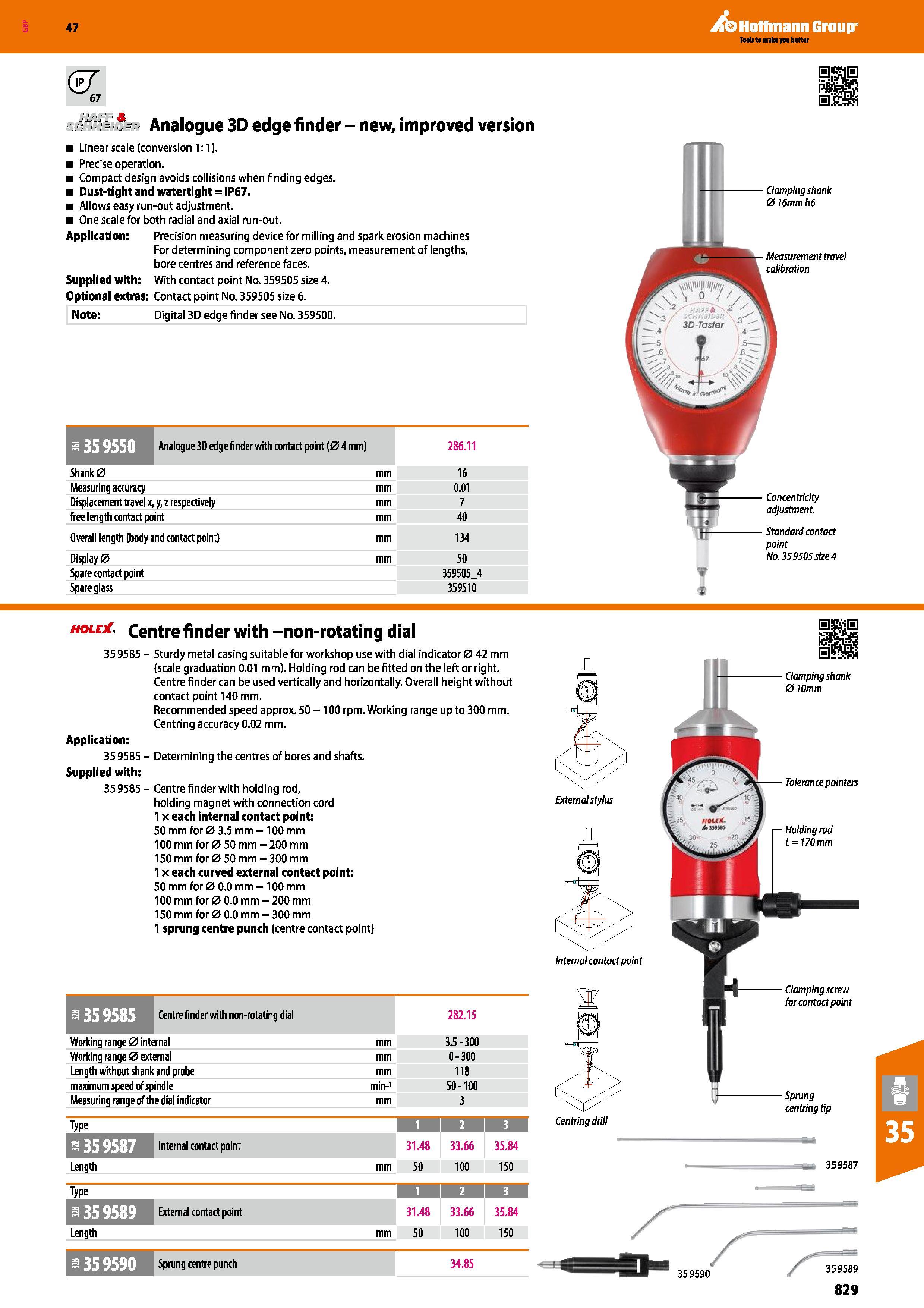 829 Hoffmann Group 47 & 67 Analogue 3D edge finder - new, improved version Linearscale (conversion 1:1) Precise operation Compact design avoids colli Каталог HOFFMANN GROUP 2016 Станочный режущий и вспомогательный инструмент для металлорежущих универсальных станков центров и комплексов с ЧПУ Версия 47 Стр. 829