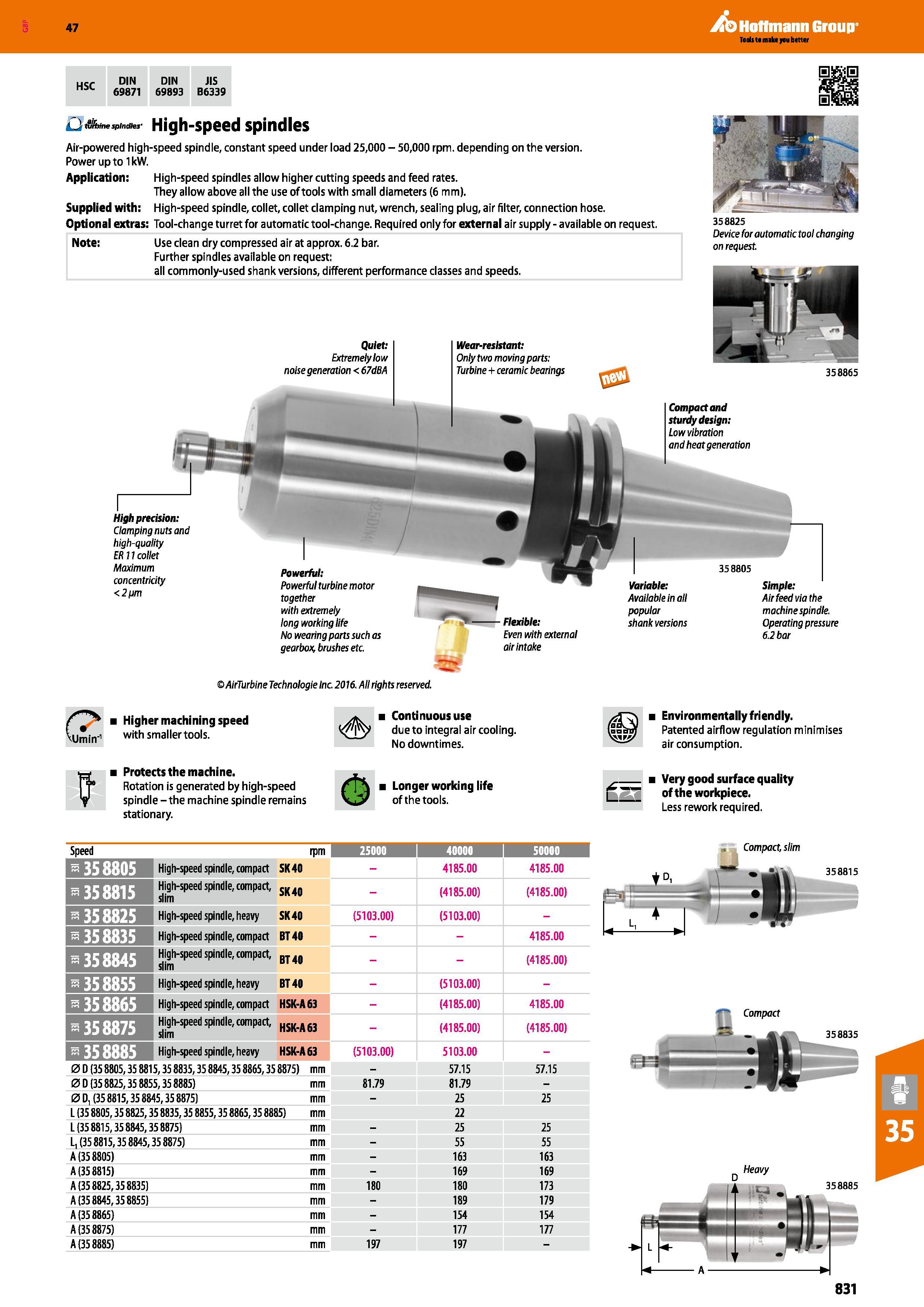 831 Hoffmann Group 47 0&j0 HSC DIN n3v 69871 DIN JIS 69893 B6339 Ssftl turbine spindles’ High-speed spindles Air-powered high-speed spindle, constant Каталог HOFFMANN GROUP 2016 Станочный режущий и вспомогательный инструмент для металлорежущих универсальных станков центров и комплексов с ЧПУ Версия 47 Стр. 831