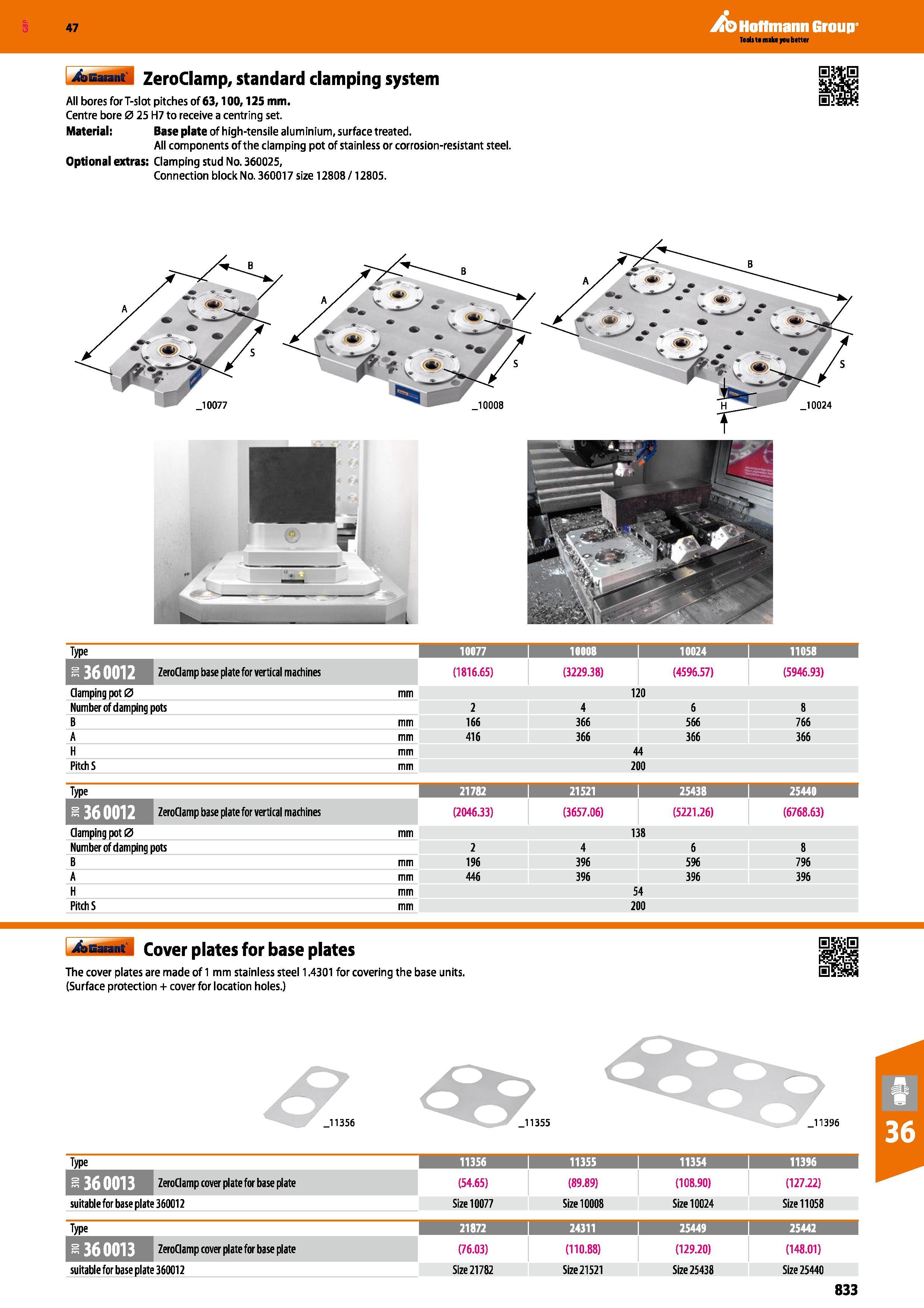 833 Hoffmann Group 47 4aBa vi ZeroClamp, standard clamping system All bores forT-slot pitches of 63,100,125 mm Centre bore 0 25 H7 to receive a centr Каталог HOFFMANN GROUP 2016 Станочный режущий и вспомогательный инструмент для металлорежущих универсальных станков центров и комплексов с ЧПУ Версия 47 Стр. 833