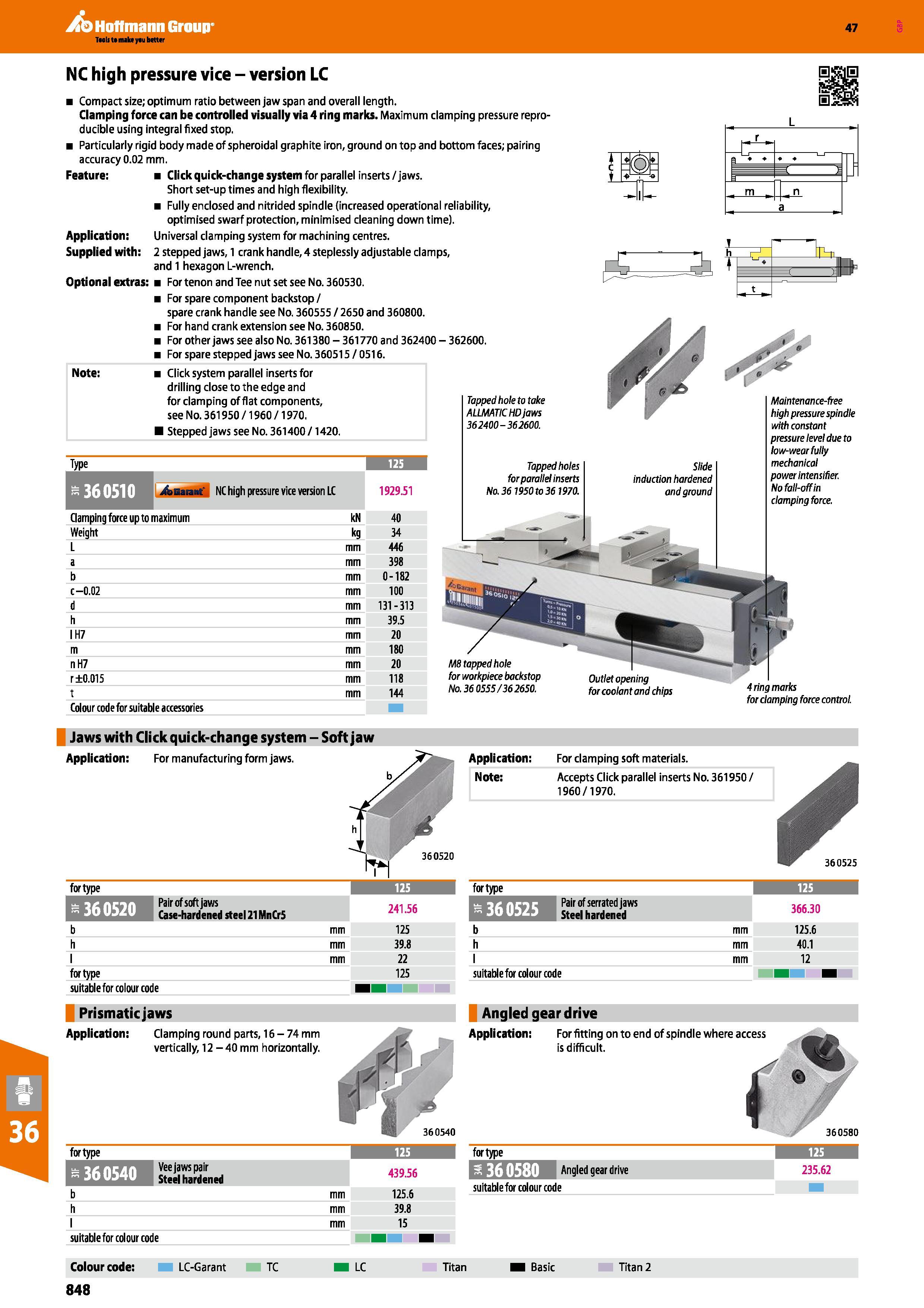 848 Hoffmann Group 47 NC high pressure vice - version LC Compact size; optimum ratio between jaw span and overall length Clamping force can be contro Каталог HOFFMANN GROUP 2016 Станочный режущий и вспомогательный инструмент для металлорежущих универсальных станков центров и комплексов с ЧПУ Версия 47 Стр. 848