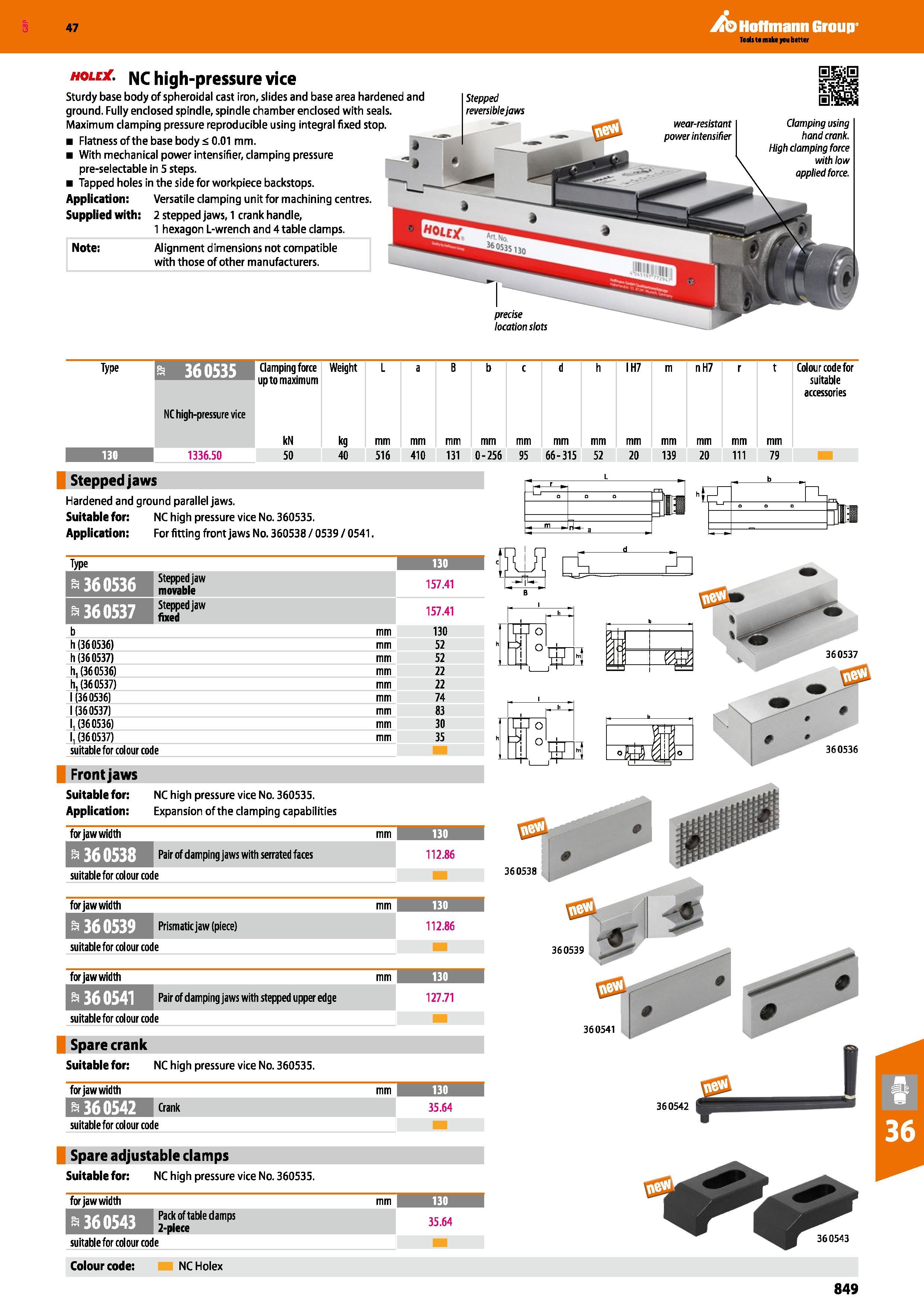 849 Hoffmann Group 47 hole , nc high-pressure vice Sturdy base body of spheroidal cast iron, slides and base area hardened and ground Fully enclosed Каталог HOFFMANN GROUP 2016 Станочный режущий и вспомогательный инструмент для металлорежущих универсальных станков центров и комплексов с ЧПУ Версия 47 Стр. 849