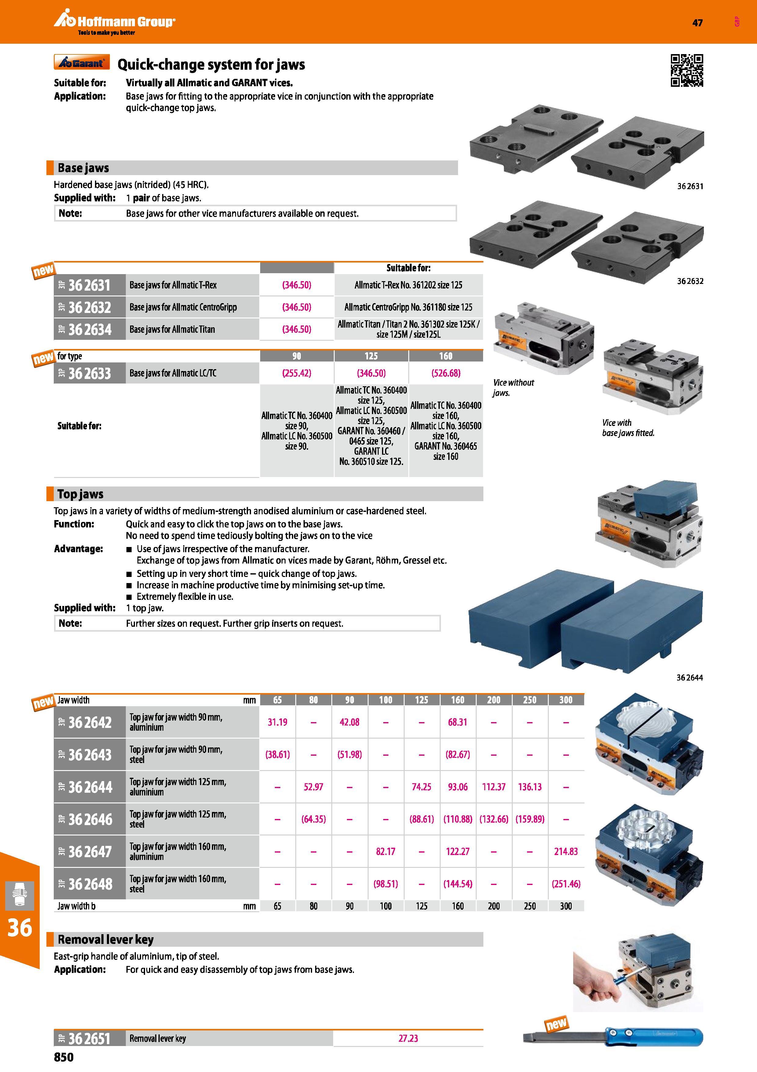 850 Hoffmann Group 47 Quick-change system for jaws Suitable for: Virtually all Allmatic and GARANT vices Application: Base jaws for fitting to the ap Каталог HOFFMANN GROUP 2016 Станочный режущий и вспомогательный инструмент для металлорежущих универсальных станков центров и комплексов с ЧПУ Версия 47 Стр. 850