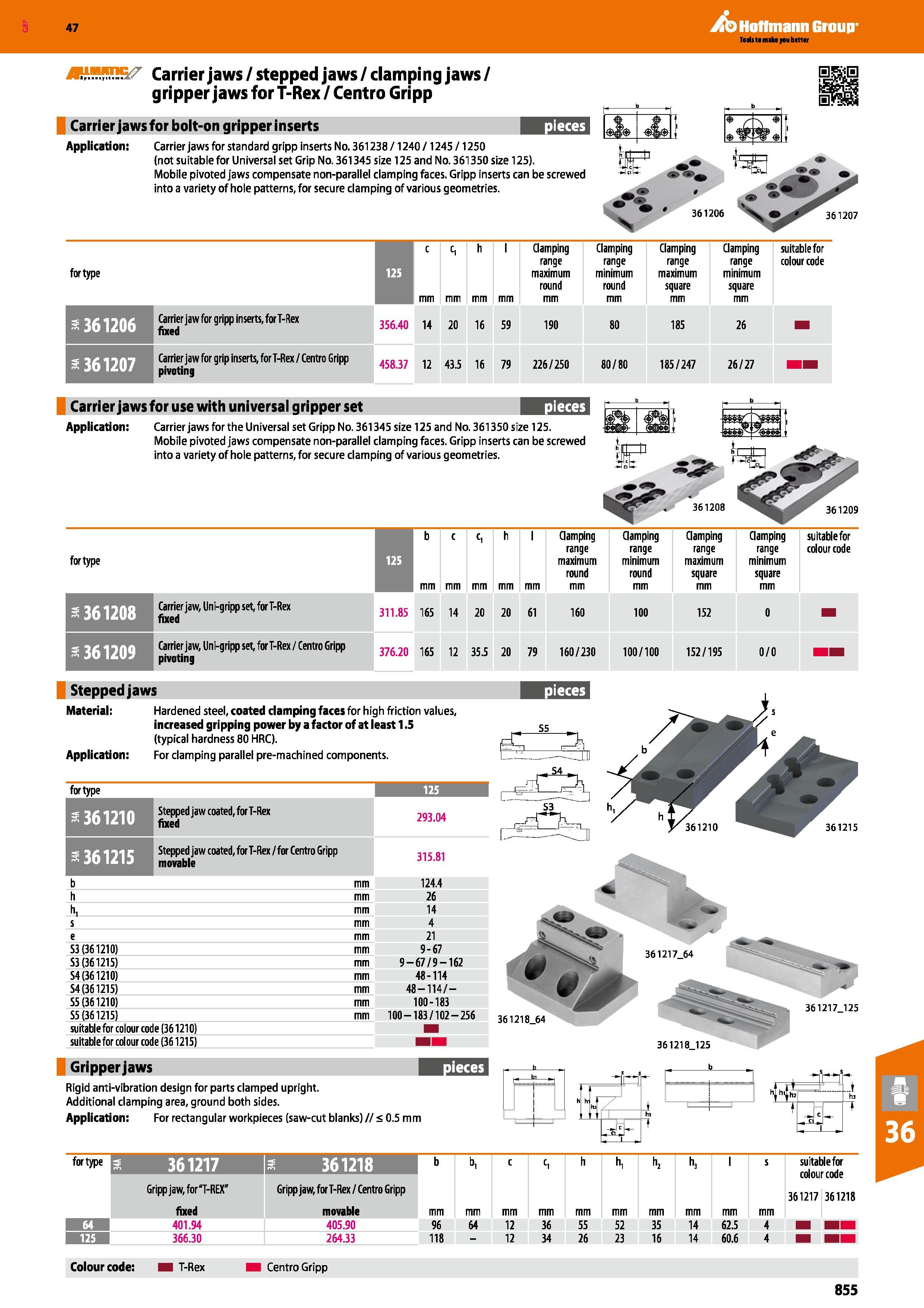 855 Hoffmann Group 47 Tools to make you better Carrier jaws / stepped jaws / clamping jaws/ gripper jaws for T-Rex / Centro Gripp Carrier jaws for bo Каталог HOFFMANN GROUP 2016 Станочный режущий и вспомогательный инструмент для металлорежущих универсальных станков центров и комплексов с ЧПУ Версия 47 Стр. 855