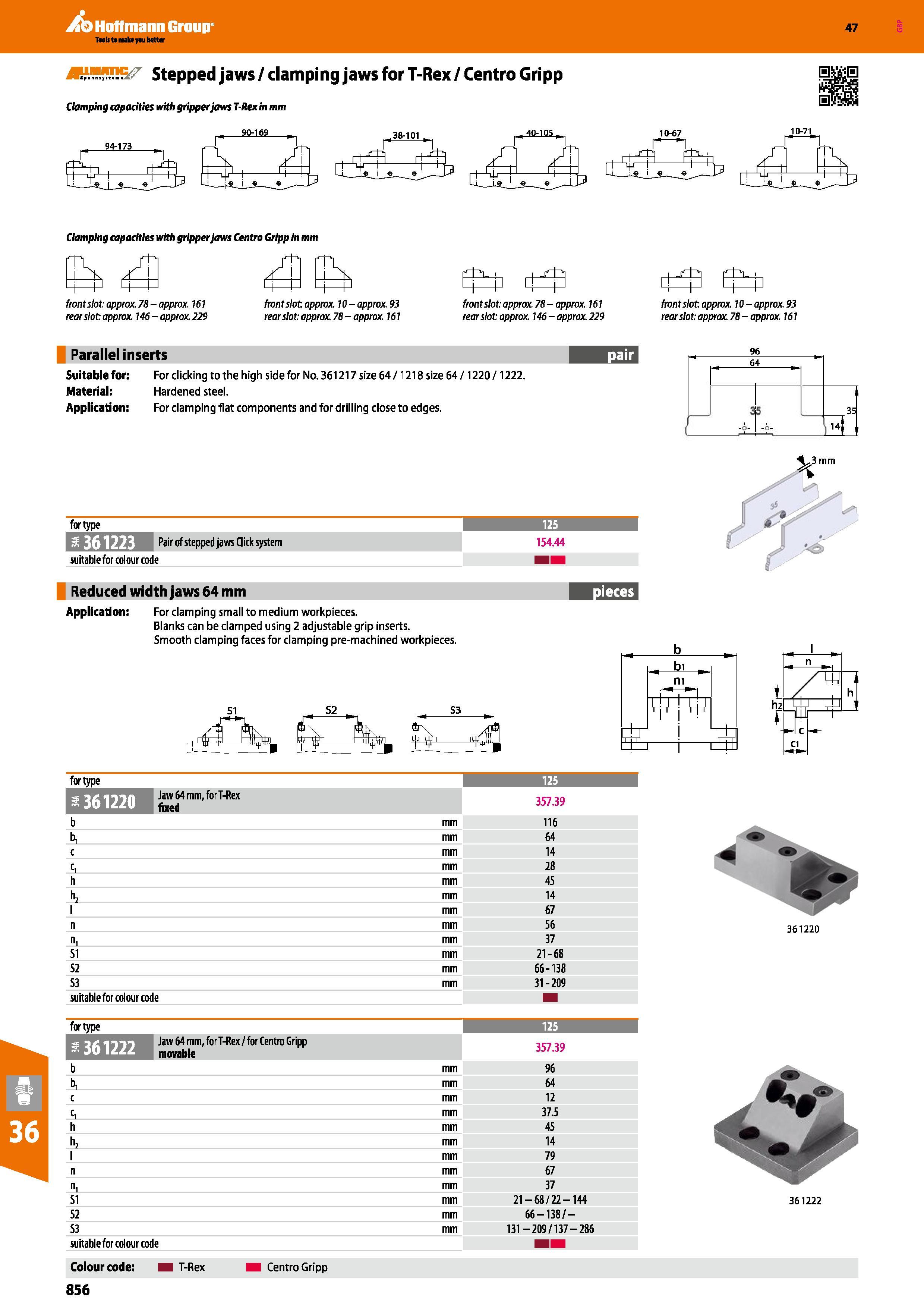 856 Stepped jaws / clamping jaws for T-Rex / Centro Gripp Clamping capacities with gripper jaws T-Rex in mm p 40-105 Clamping capacities with gripper Каталог HOFFMANN GROUP 2016 Станочный режущий и вспомогательный инструмент для металлорежущих универсальных станков центров и комплексов с ЧПУ Версия 47 Стр. 856