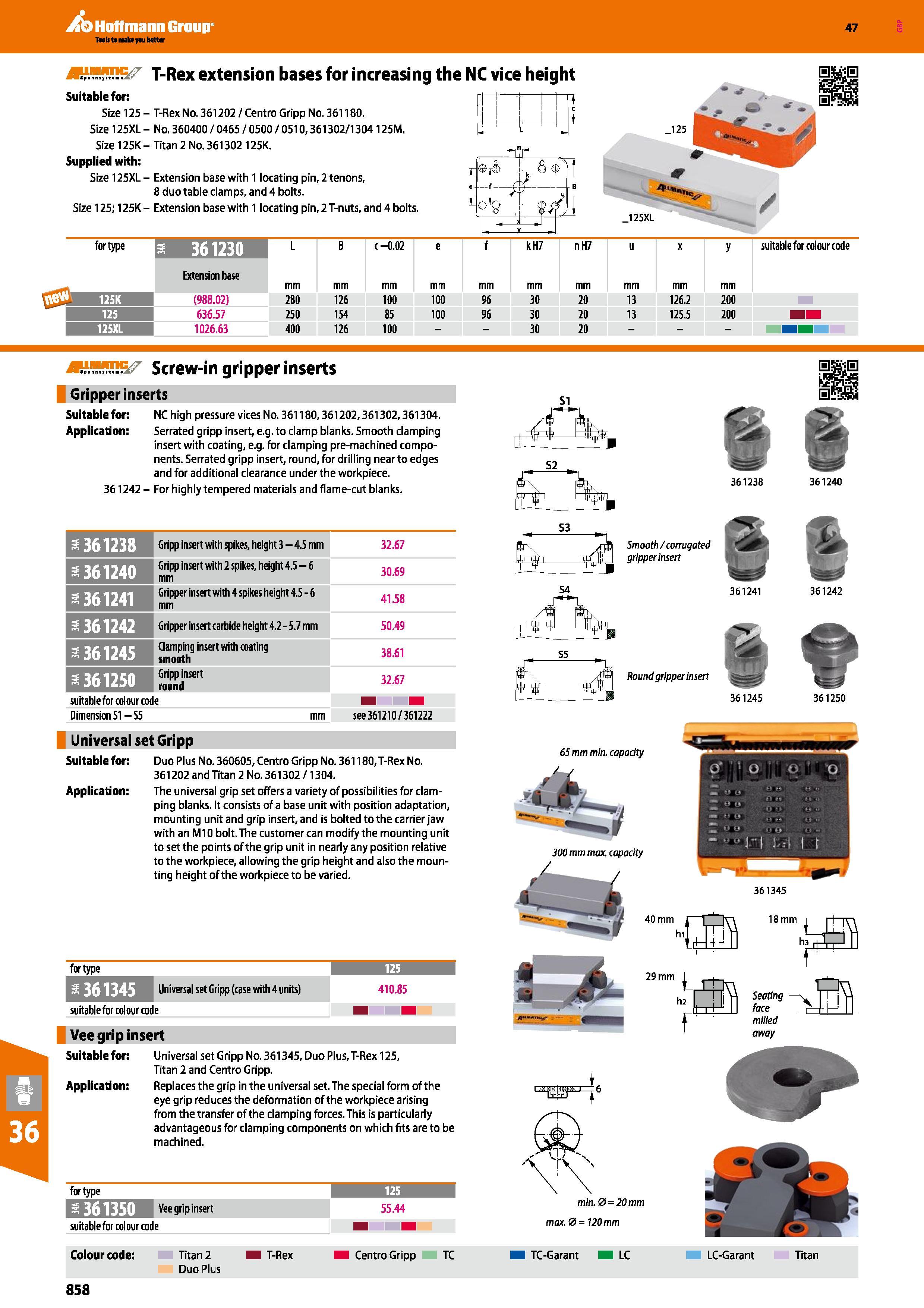 858 T-Rex extension bases for increasing the NC vice height Suitable for: Size 125- T-Rex No 361202/Centro Gripp No 361180 Size 125XL - No 360400 / 0 Каталог HOFFMANN GROUP 2016 Станочный режущий и вспомогательный инструмент для металлорежущих универсальных станков центров и комплексов с ЧПУ Версия 47 Стр. 858