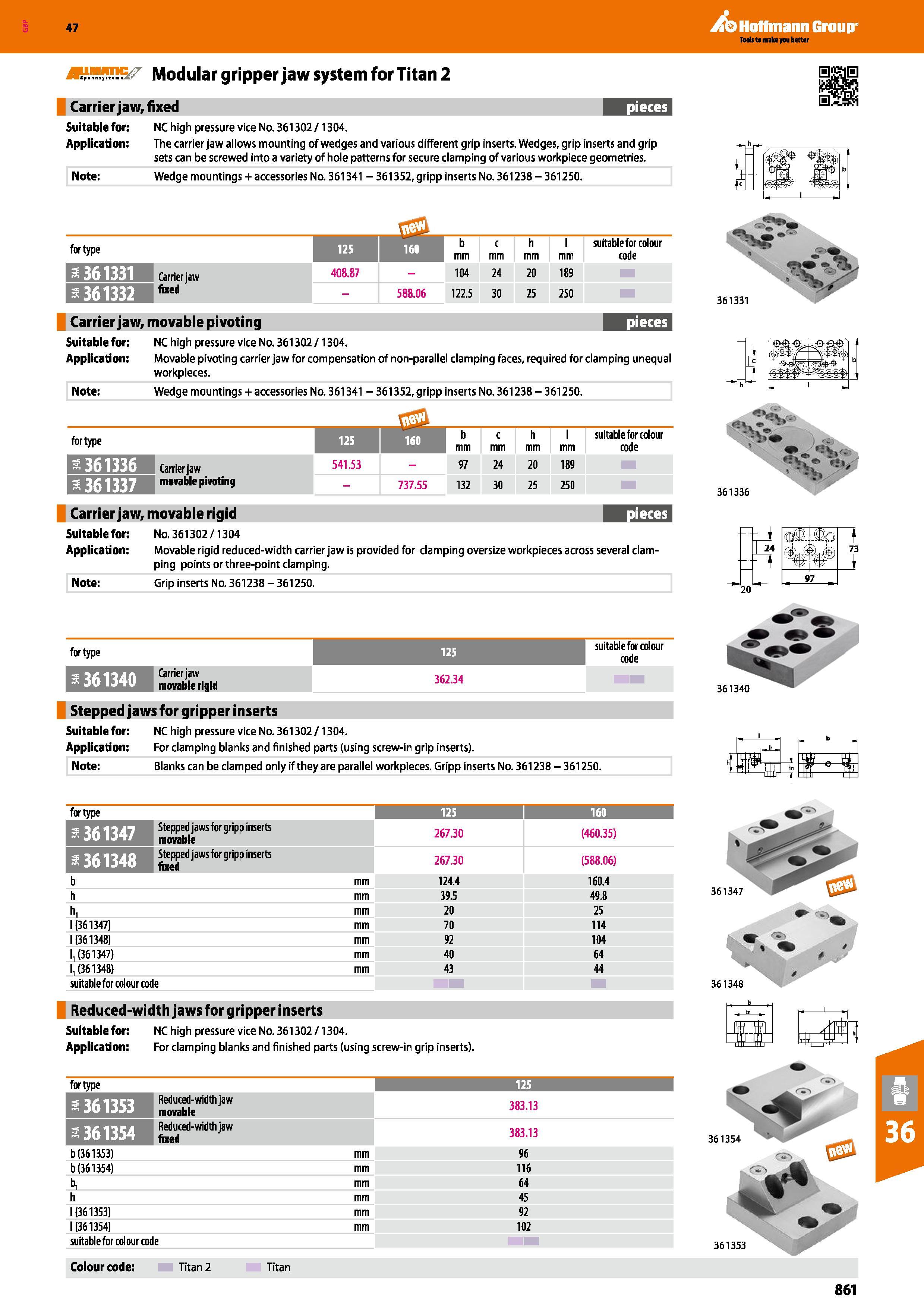 861 Hoffmann Group Modular gripper jaw system for Titan 2 Carrier jaw, fixed pieces Suitable for: NC high pressure vice No 361302 /1304 Application: Каталог HOFFMANN GROUP 2016 Станочный режущий и вспомогательный инструмент для металлорежущих универсальных станков центров и комплексов с ЧПУ Версия 47 Стр. 861