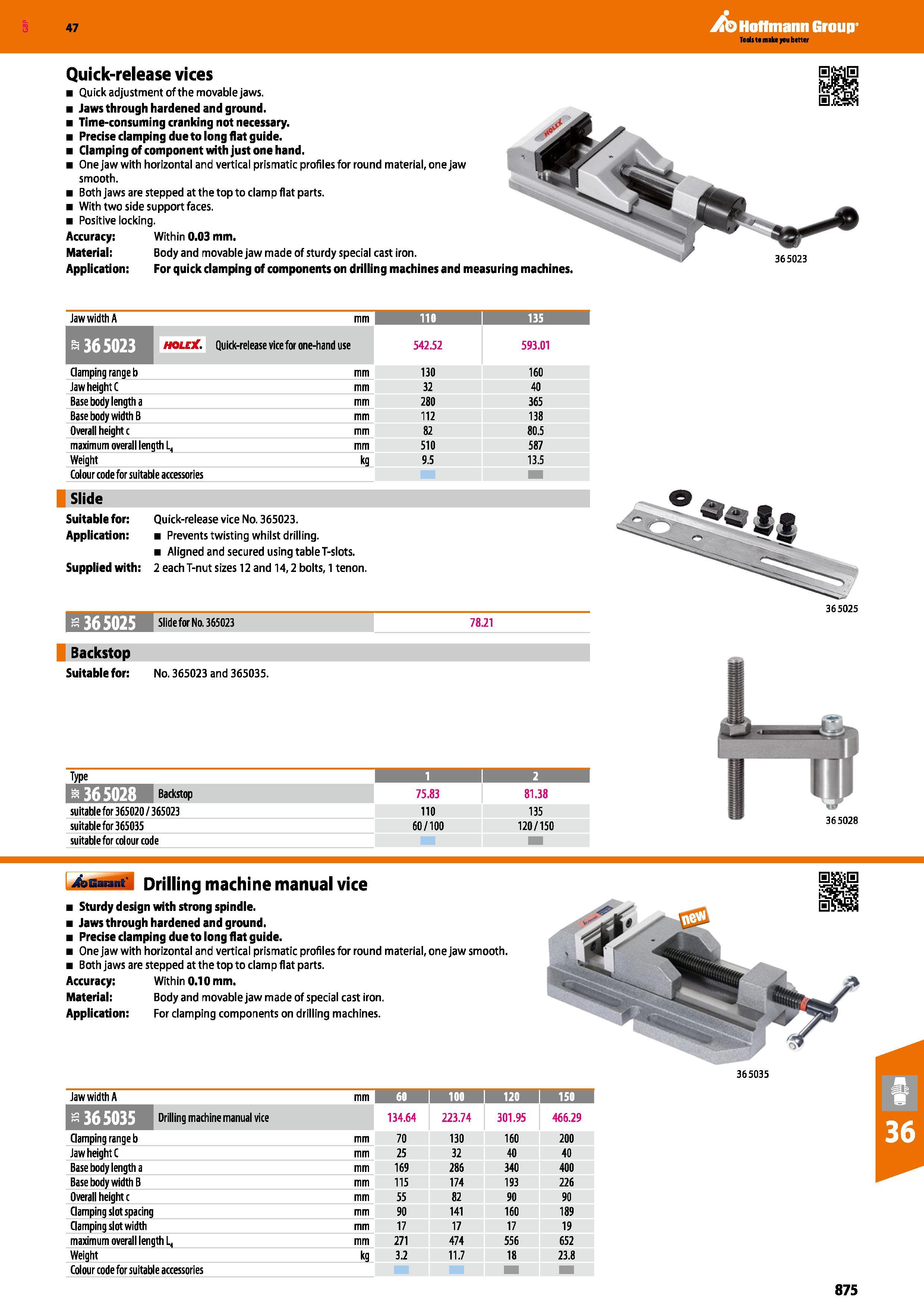 875 Hoffmann Group 47 Quick-release vices Quick adjustment of the movable jaws Jaws through hardened and ground Time-consuming cranking not necessary Каталог HOFFMANN GROUP 2016 Станочный режущий и вспомогательный инструмент для металлорежущих универсальных станков центров и комплексов с ЧПУ Версия 47 Стр. 875