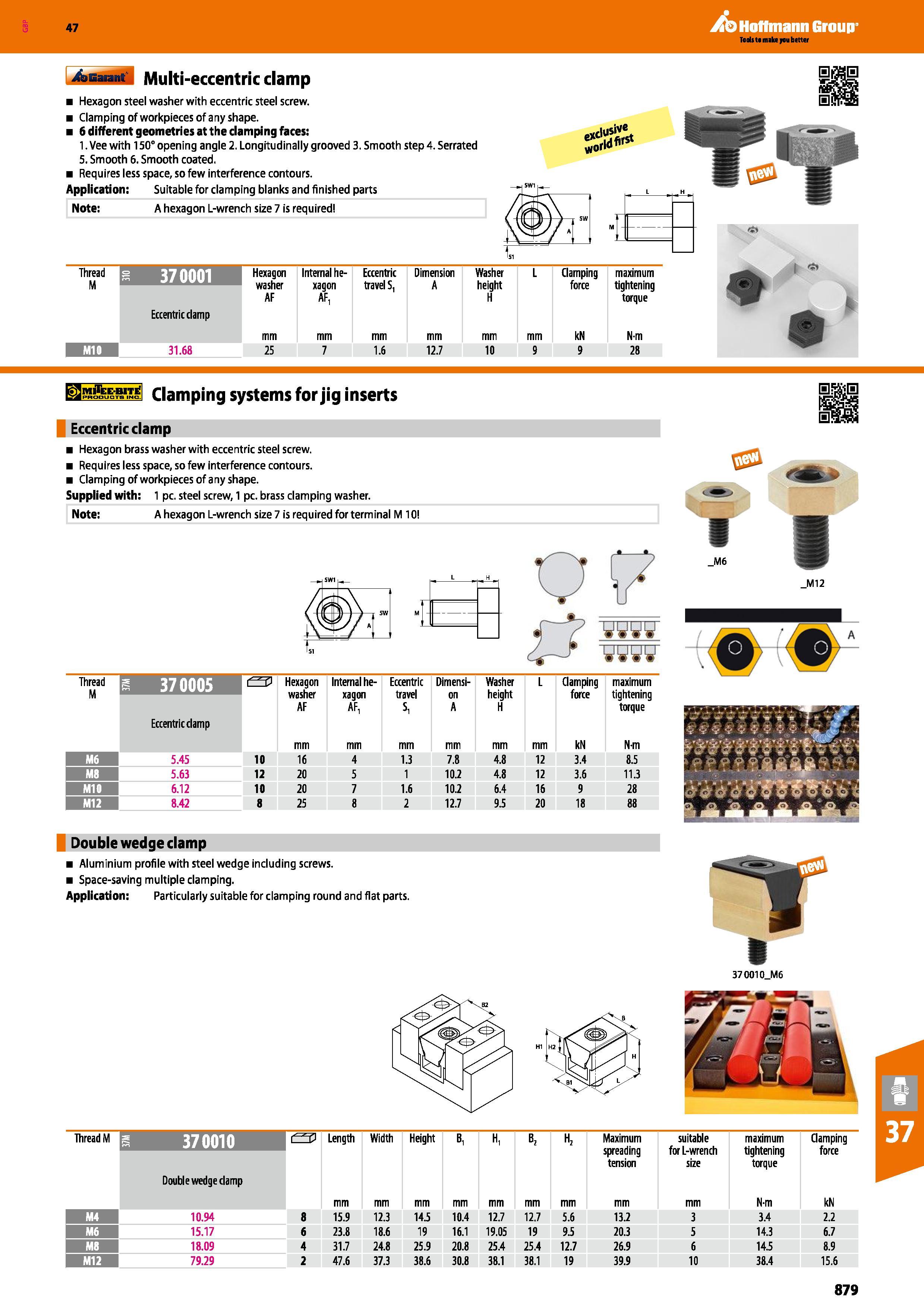 879 Multi-eccentric clamp Hexagon steel washer with eccentric steel screw Clamping of workpieces of any shape 6 different geometries at the clamping Каталог HOFFMANN GROUP 2016 Станочный режущий и вспомогательный инструмент для металлорежущих универсальных станков центров и комплексов с ЧПУ Версия 47 Стр. 879
