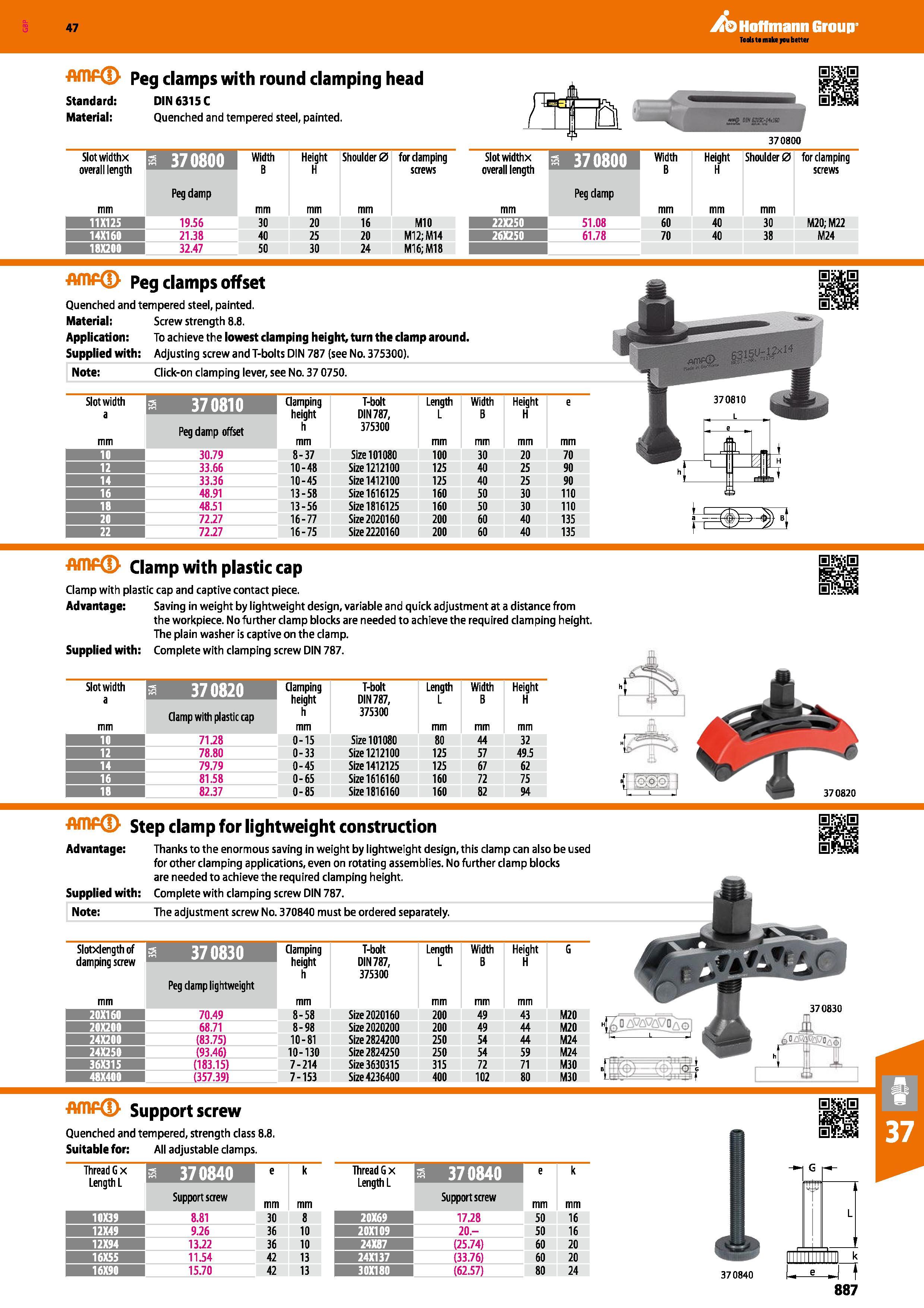 887 Hoffmann Group Peg clamps with round clamping head Standard: Material: DIN 6315 C Quenched and tempered steel, painted 370800 Slotwidthx overall Каталог HOFFMANN GROUP 2016 Станочный режущий и вспомогательный инструмент для металлорежущих универсальных станков центров и комплексов с ЧПУ Версия 47 Стр. 887