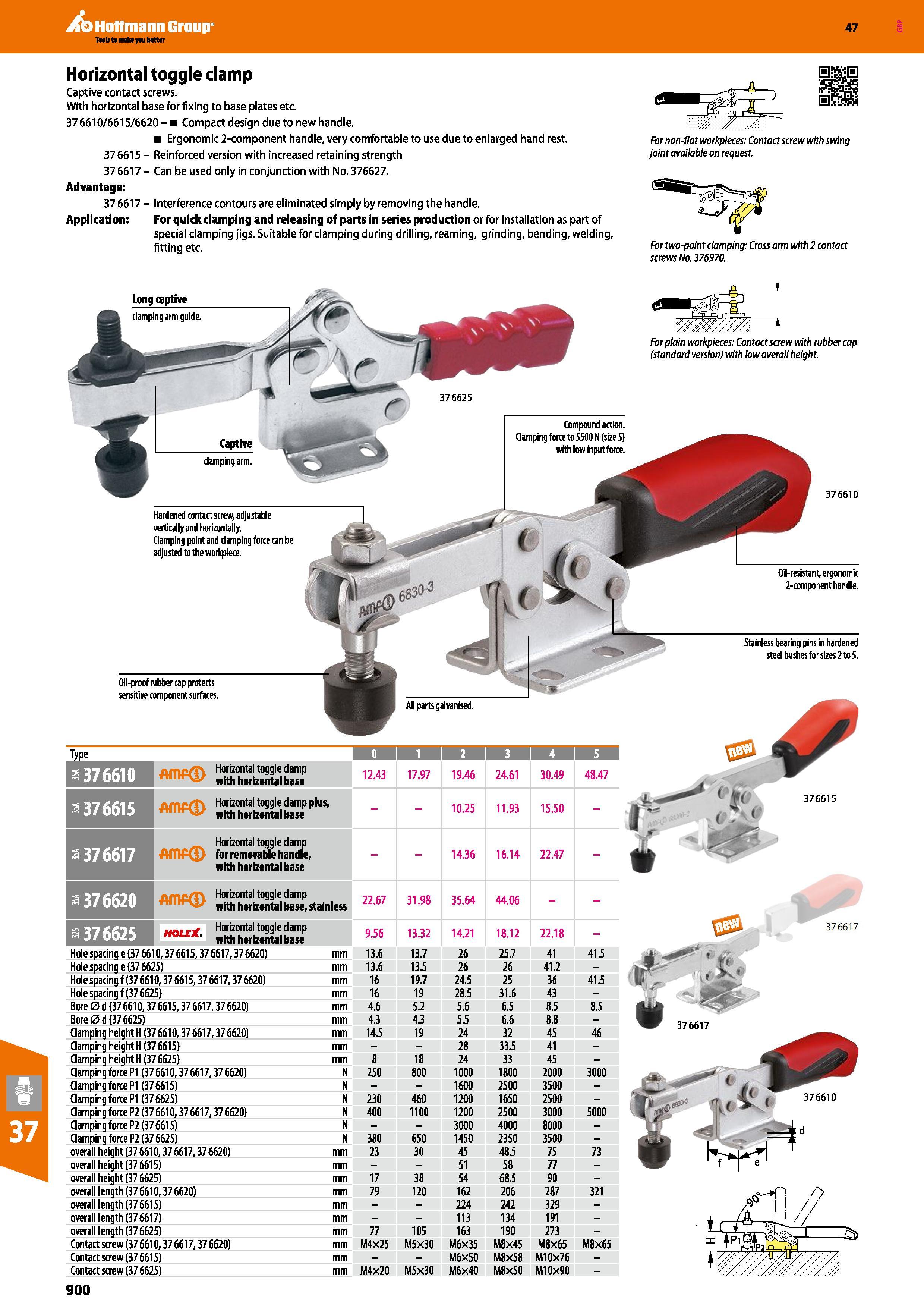 900 Hoffmann Group 47 Horizontal toggle clamp Captive contact screws With horizontal base for fixing to base plates etc 37 6610/6615/6620 - Compact d Каталог HOFFMANN GROUP 2016 Станочный режущий и вспомогательный инструмент для металлорежущих универсальных станков центров и комплексов с ЧПУ Версия 47 Стр. 900
