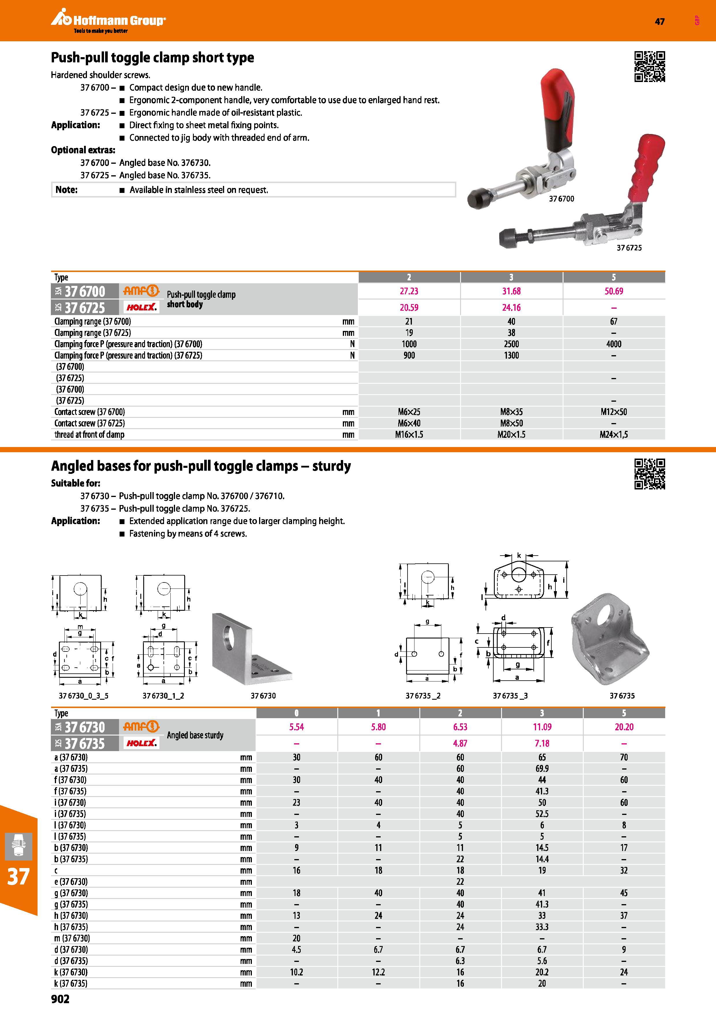 902 Hoffmann Group 47 Push-pull toggle clamp short type Hardened shoulder screws 376700- Compact design due to new handle Ergonomic 2-component handl Каталог HOFFMANN GROUP 2016 Станочный режущий и вспомогательный инструмент для металлорежущих универсальных станков центров и комплексов с ЧПУ Версия 47 Стр. 902