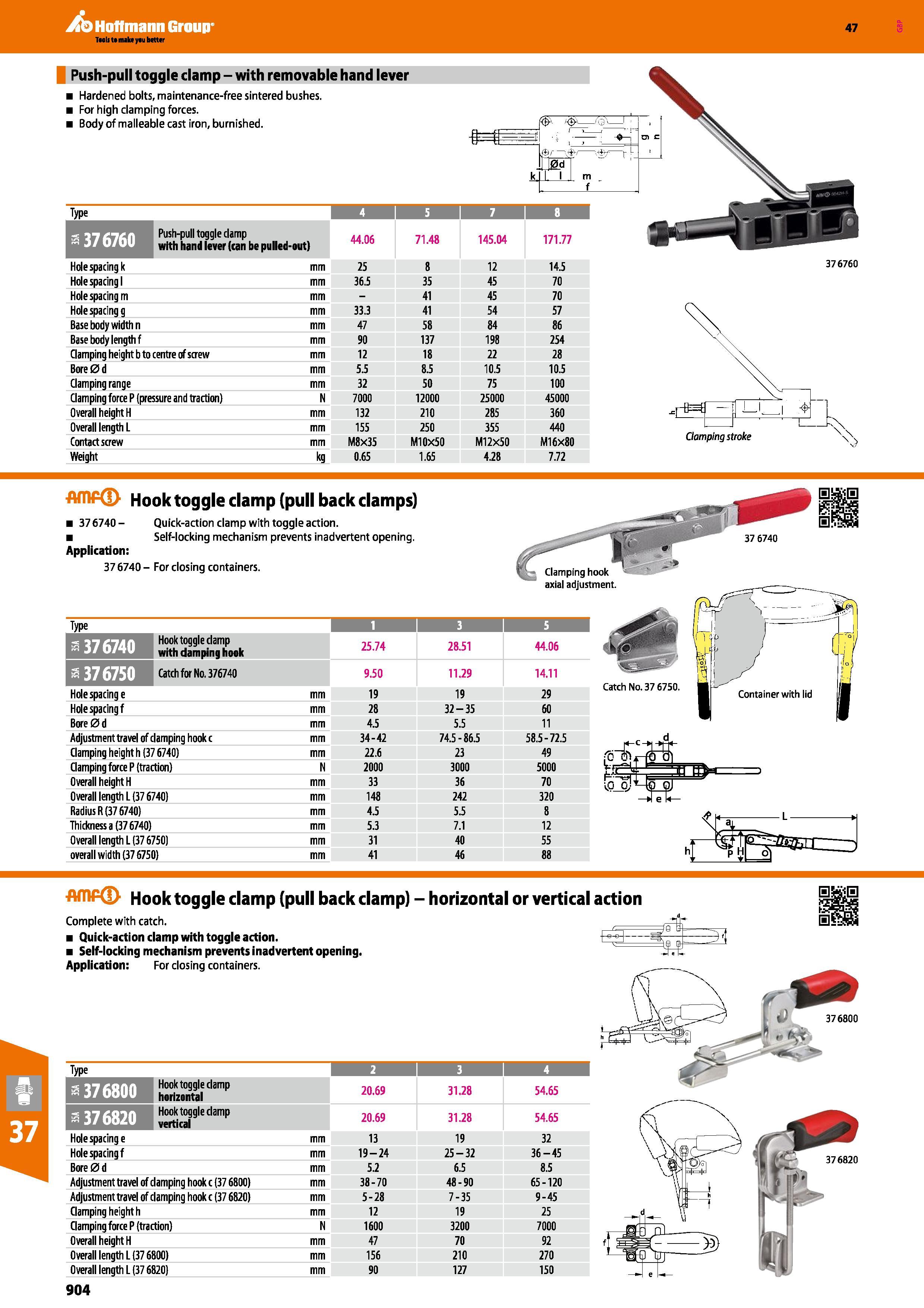 904 Hoffmann Group 47 Push-pull toggle clamp - with removable hand lever Hardened bolts, maintenance-free sintered bushes For high clamping forces Bo Каталог HOFFMANN GROUP 2016 Станочный режущий и вспомогательный инструмент для металлорежущих универсальных станков центров и комплексов с ЧПУ Версия 47 Стр. 904