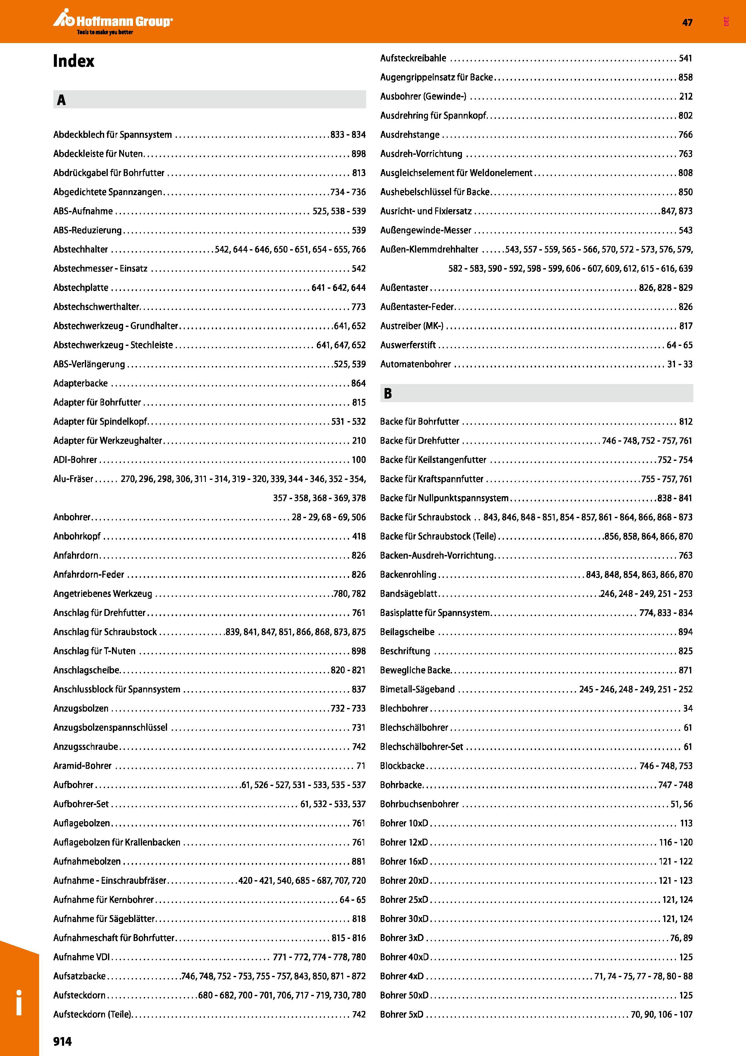 914 Hoffmann Group 47 Index Abdeckblech fu r Spannsystem 833-834 Abdeckleiste fur Nuten 898 Abdriickgabel fur Bohrfutter 813 Abgedichtete Spannzangen Каталог HOFFMANN GROUP 2016 Станочный режущий и вспомогательный инструмент для металлорежущих универсальных станков центров и комплексов с ЧПУ Версия 47 Стр. 914