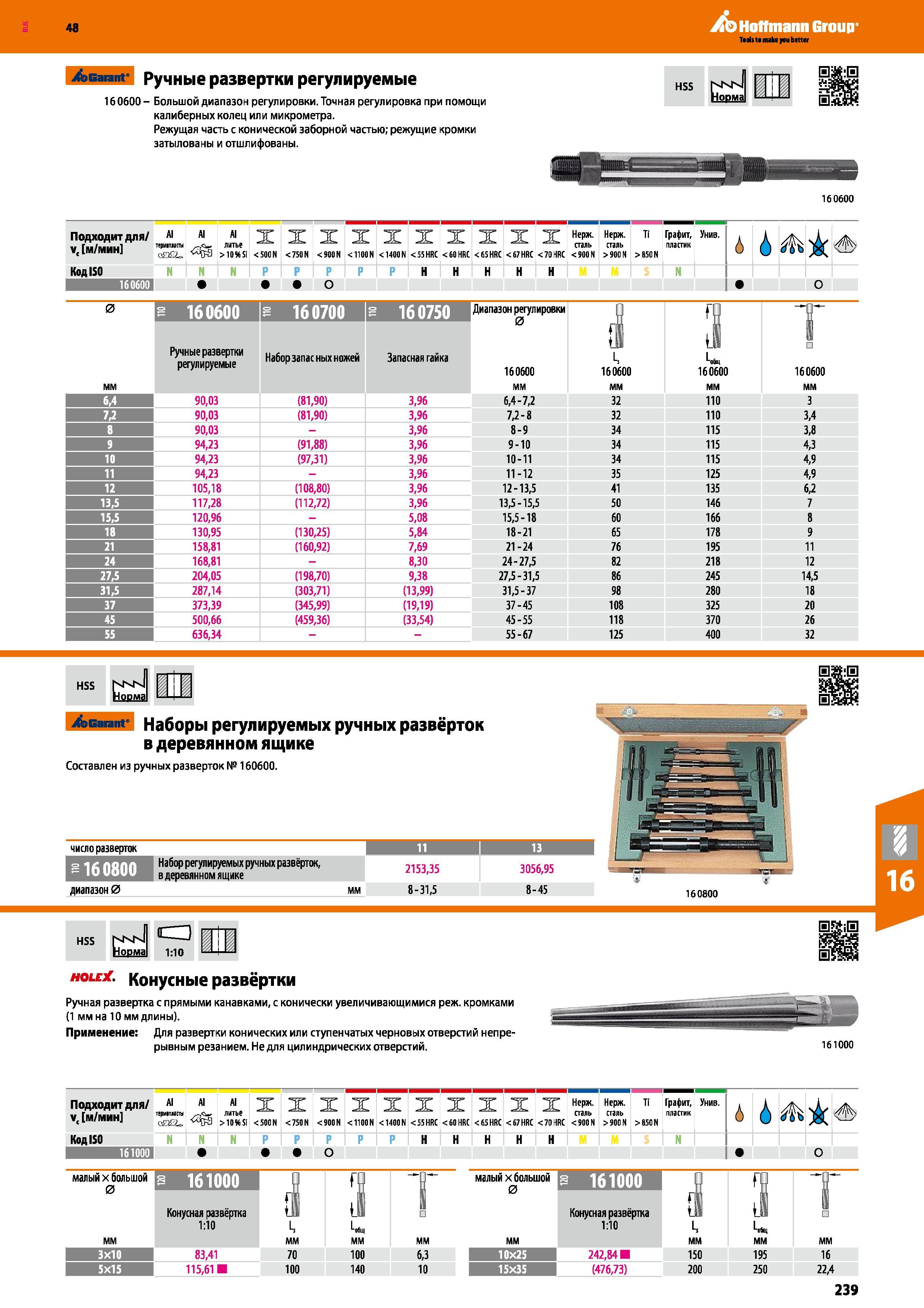 239 48 Hoffmann Group /эвагапг Ручные развертки регулируемые 160600- Большой диапазон регулировки Точная регулировка при помощи калиберных колец или микро Каталог HOFFMANN GROUP 2017 Инструмент режущий и вспомогательный для металлорежущих промышленных станков Резцы токарные Концевые твердосплавные фрезы Зажимные патроны Стр. 239