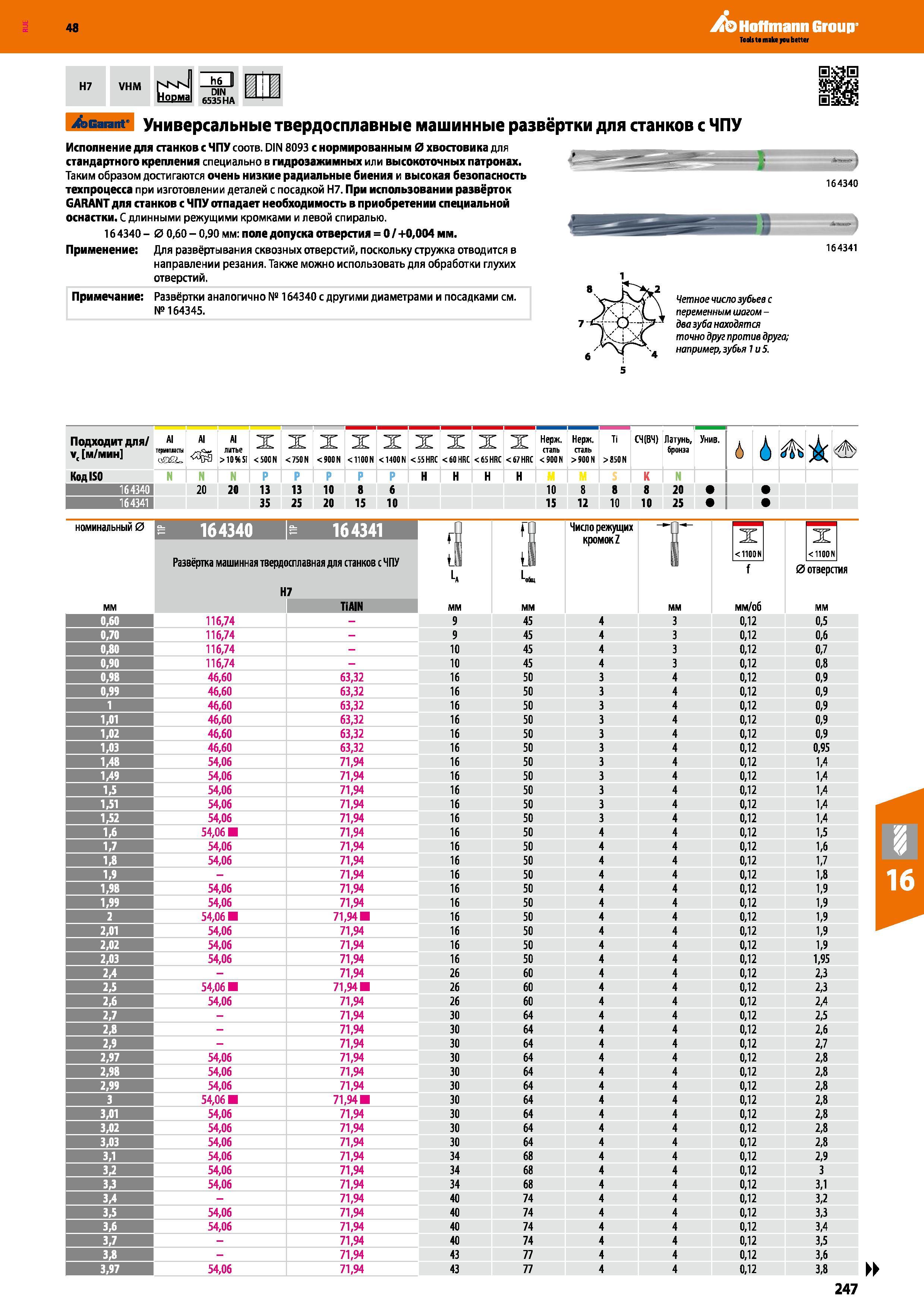 247 48 Hoffmann Group Н7 VHM NKN Норма h6 DIN 6535 HA bcarant Универсальные твердосплавные машинные развёртки для станков с ЧПУ Исполнение для станков с Ч Каталог HOFFMANN GROUP 2017 Инструмент режущий и вспомогательный для металлорежущих промышленных станков Резцы токарные Концевые твердосплавные фрезы Зажимные патроны Стр. 247