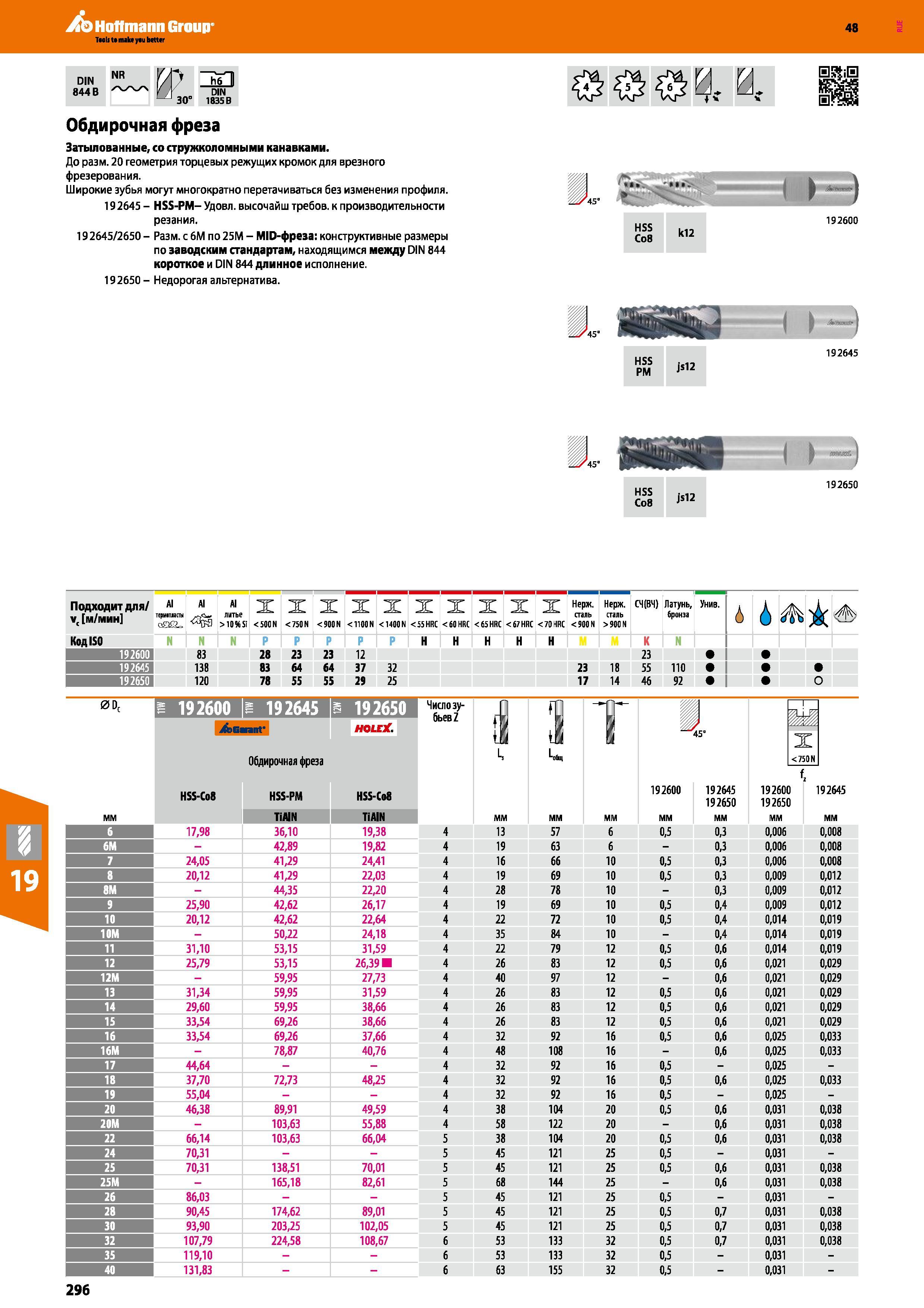 296 Hoffmann Group 48 DIN NR (/ ZSQ 844 В 7 DIN 30° 1835 В Обдирочная фреза Затылованные, со стружколомными канавками До Размер 20 геометрия торцевых режу Каталог HOFFMANN GROUP 2017 Инструмент режущий и вспомогательный для металлорежущих промышленных станков Резцы токарные Концевые твердосплавные фрезы Зажимные патроны Стр. 296