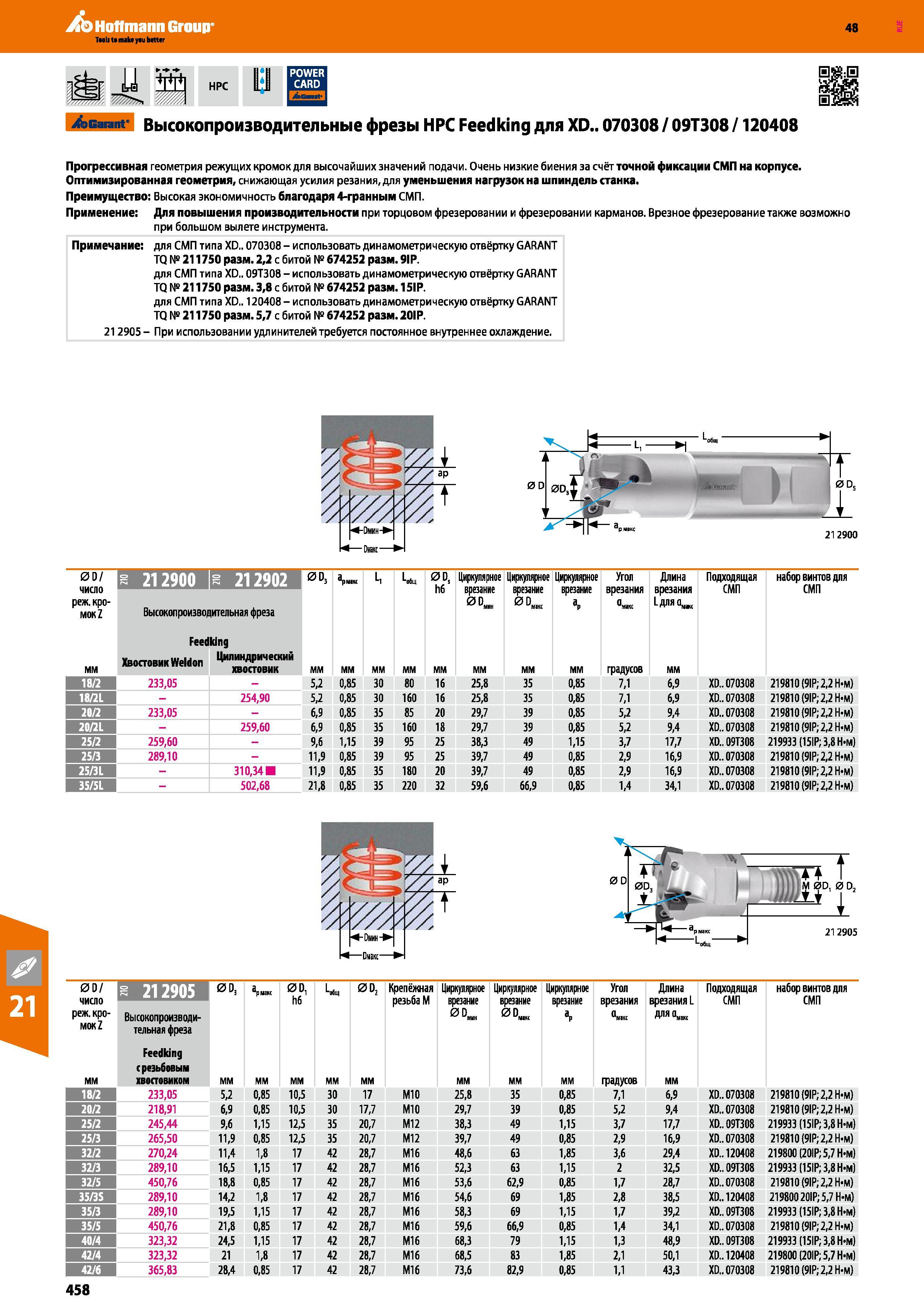 458 Высокопроизводительные концевые корпусные фрезы Garant Hoffmann Group HPC Feedking со сменными режущими твердосплавными пластинами XD 070308 / 09T308 Каталог HOFFMANN GROUP 2017 Инструмент режущий и вспомогательный для металлорежущих промышленных станков Резцы токарные Концевые твердосплавные фрезы Зажимные патроны Стр. 458