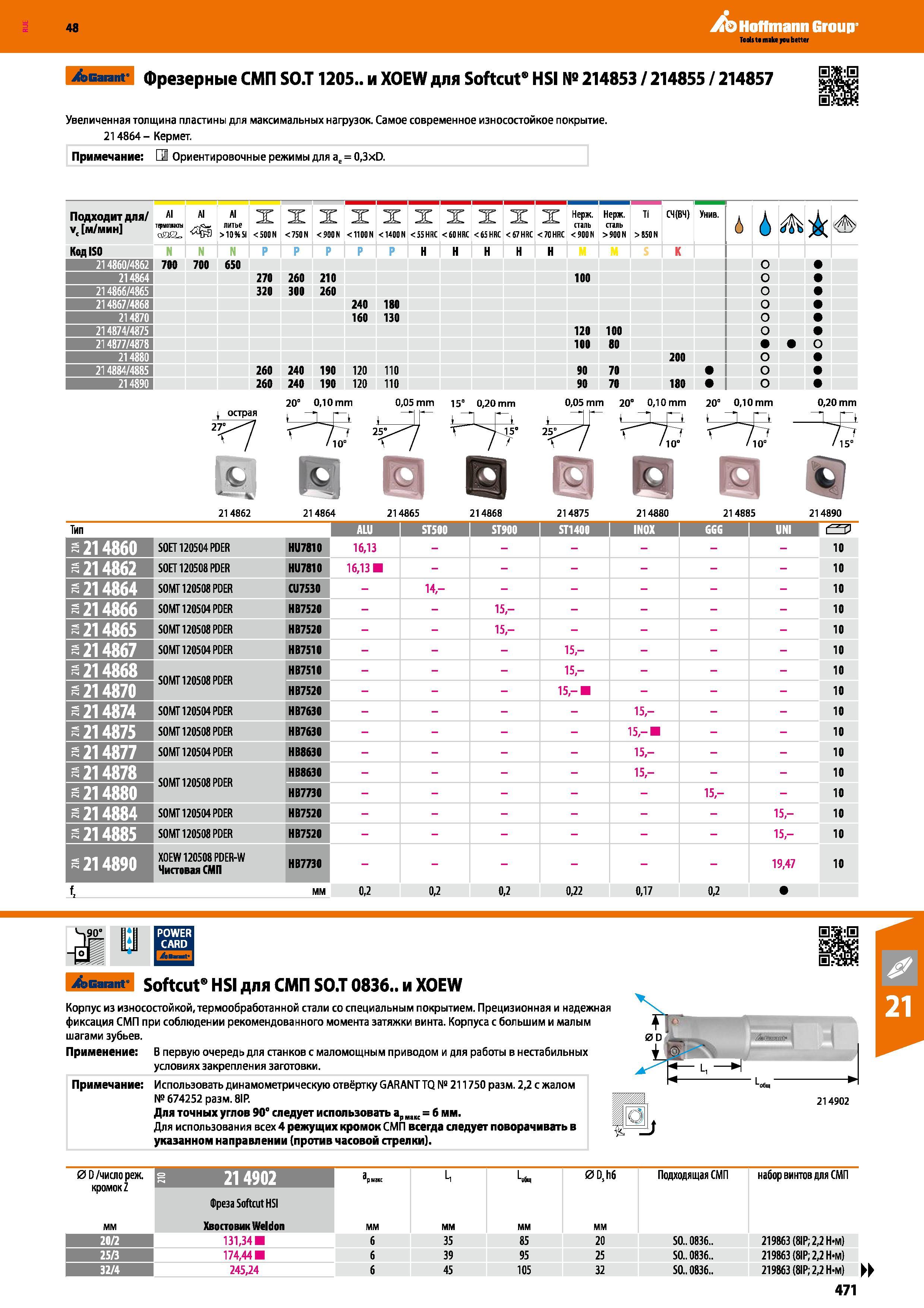 471 48 Hoffmann Group /эвагапг Фрезерные СМП SO T 1205 и XOEW для Softcut HSI № 214853 / 214855 / 214857 Увеличенная толщина пластины для максимальных наг Каталог HOFFMANN GROUP 2017 Инструмент режущий и вспомогательный для металлорежущих промышленных станков Резцы токарные Концевые твердосплавные фрезы Зажимные патроны Стр. 471