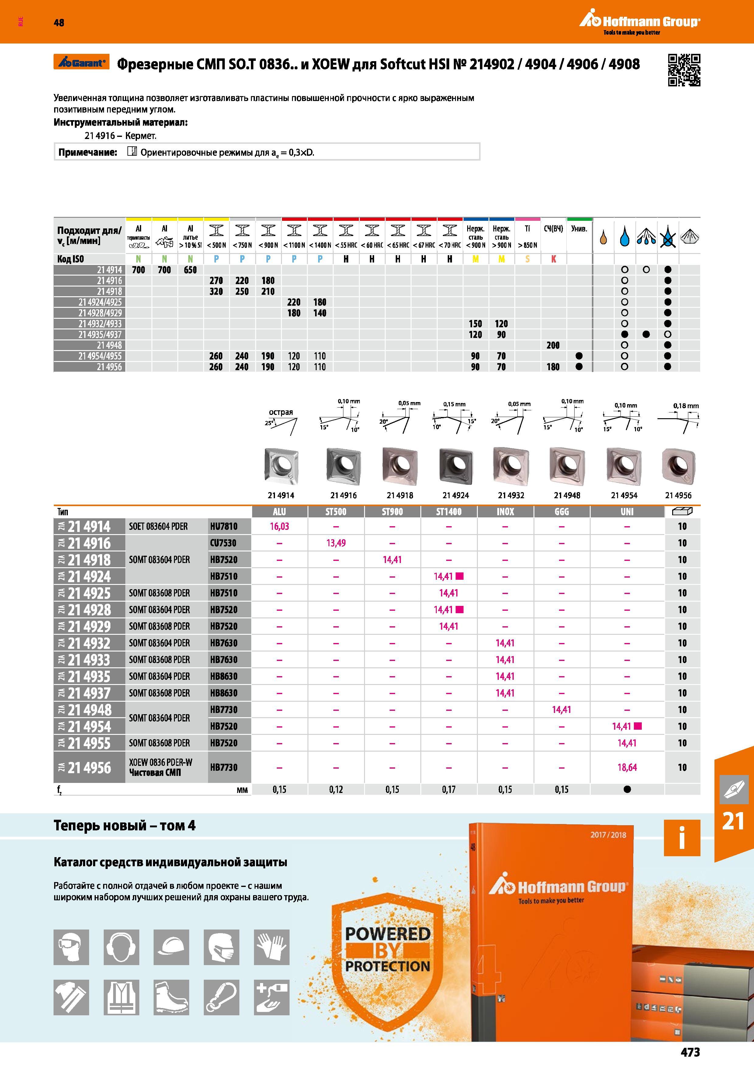 473 48 Hoffmann Group >Garant Фрезерные СМП SO T 0836 и XOEW для Softcut HSI № 214902 / 4904 / 4906 / 4908 Увеличенная толщина позволяет изготавливать пла Каталог HOFFMANN GROUP 2017 Инструмент режущий и вспомогательный для металлорежущих промышленных станков Резцы токарные Концевые твердосплавные фрезы Зажимные патроны Стр. 473