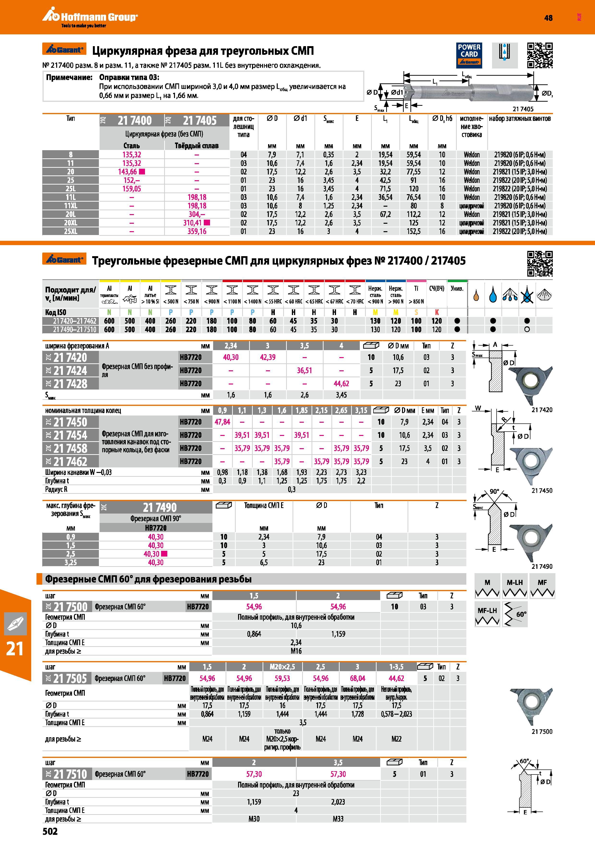 502 Hoffmann Group Taols to main yau better 48 >Garant Циркулярная фреза для треугольных СМП №217400 разм Примечание Тип 8 и Размер 11, а также № 217405 Р Каталог HOFFMANN GROUP 2017 Инструмент режущий и вспомогательный для металлорежущих промышленных станков Резцы токарные Концевые твердосплавные фрезы Зажимные патроны Стр. 502