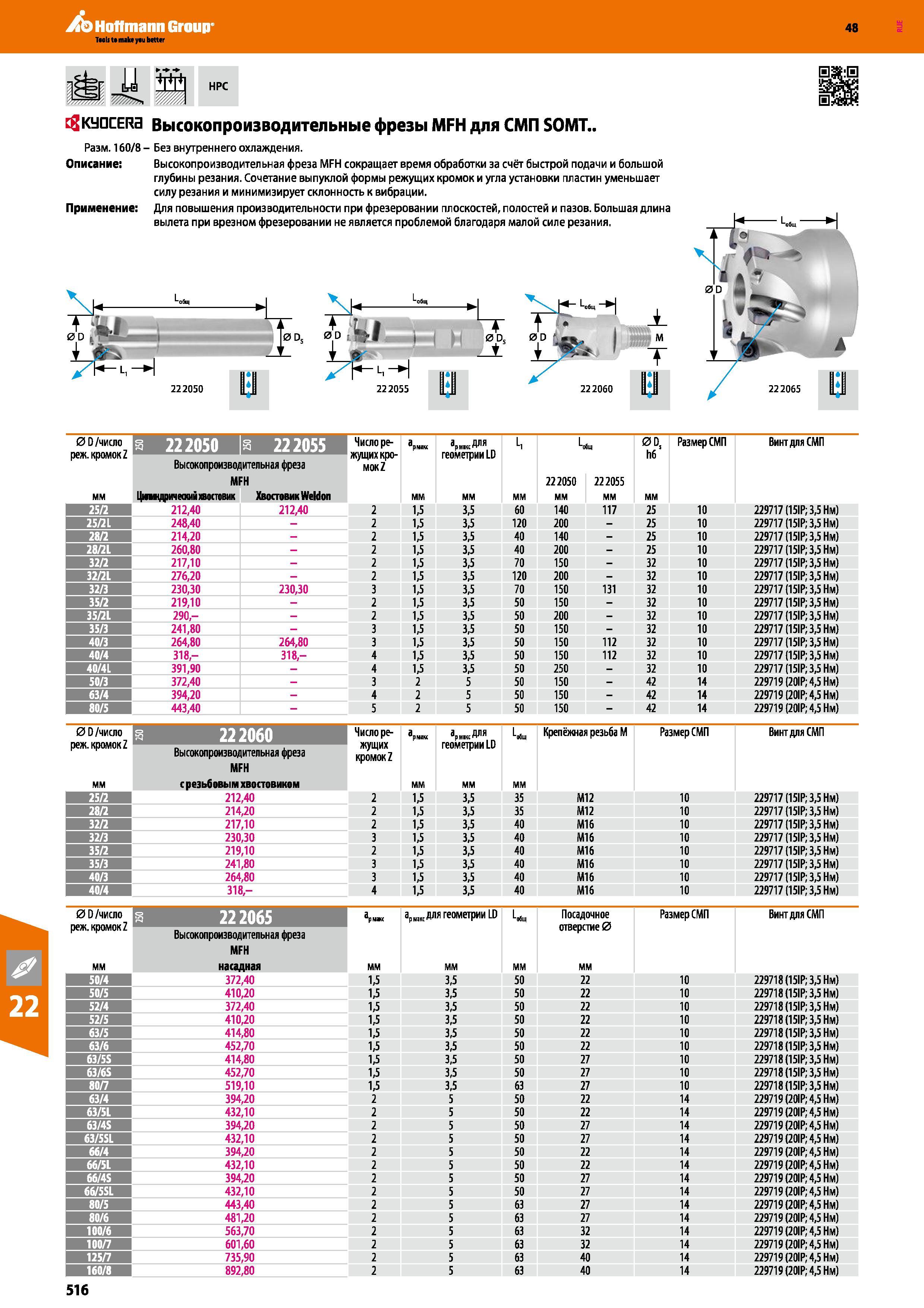 516 Hoffmann Group 48 KyacERa Размер 160/8-Описание: Применение HPC Высокопроизводительные фрезы MFH для СМП SOMT Без внутреннего охлаждения Высокопроизво Каталог HOFFMANN GROUP 2017 Инструмент режущий и вспомогательный для металлорежущих промышленных станков Резцы токарные Концевые твердосплавные фрезы Зажимные патроны Стр. 516