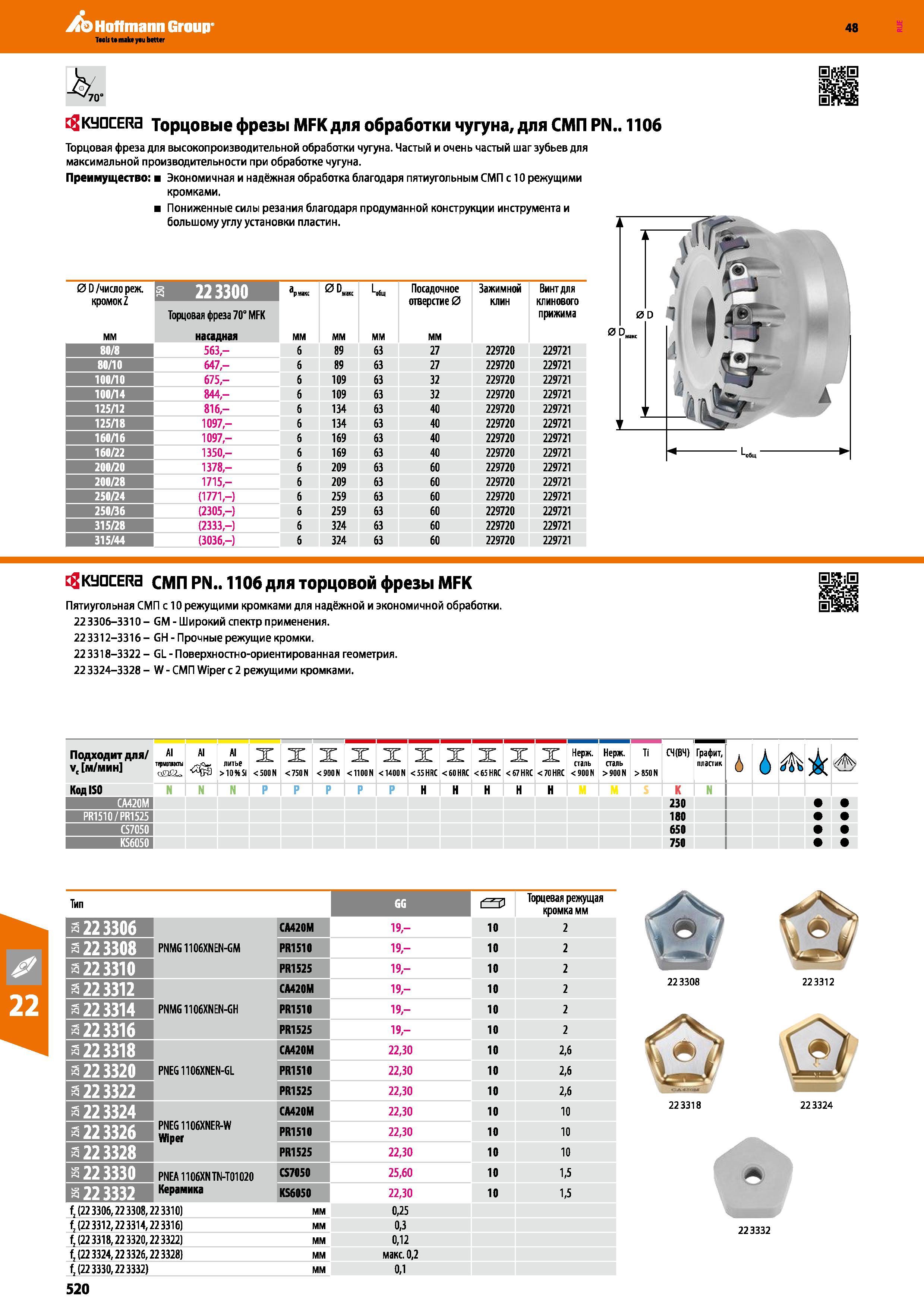 520 Hoffmann Group 48 70 cgKyacERa Торцовые фрезы MFK для обработки чугуна, для СМП PN 1106 Торцовая фреза для высокопроизводительной обработки чугуна Час Каталог HOFFMANN GROUP 2017 Инструмент режущий и вспомогательный для металлорежущих промышленных станков Резцы токарные Концевые твердосплавные фрезы Зажимные патроны Стр. 520
