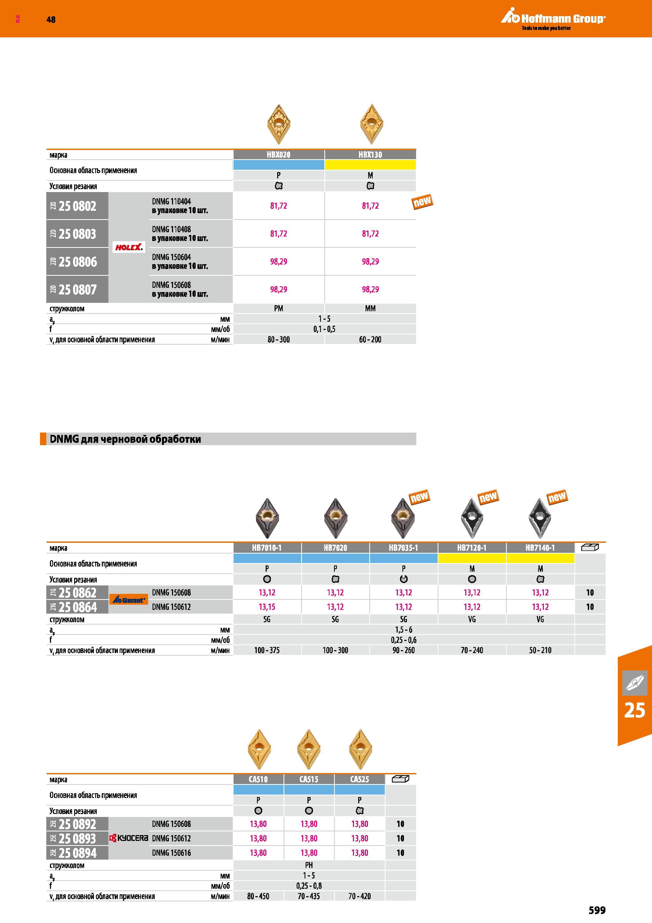 599 48 Hoffmann Group марка НВХ020 нвх1зо I Основная область применения Р м Условия резания DNMG110404 в упаковке 10 шт 81,72 81,72 % 250803 DNMG110408 в Каталог HOFFMANN GROUP 2017 Инструмент режущий и вспомогательный для металлорежущих промышленных станков Резцы токарные Концевые твердосплавные фрезы Зажимные патроны Стр. 599