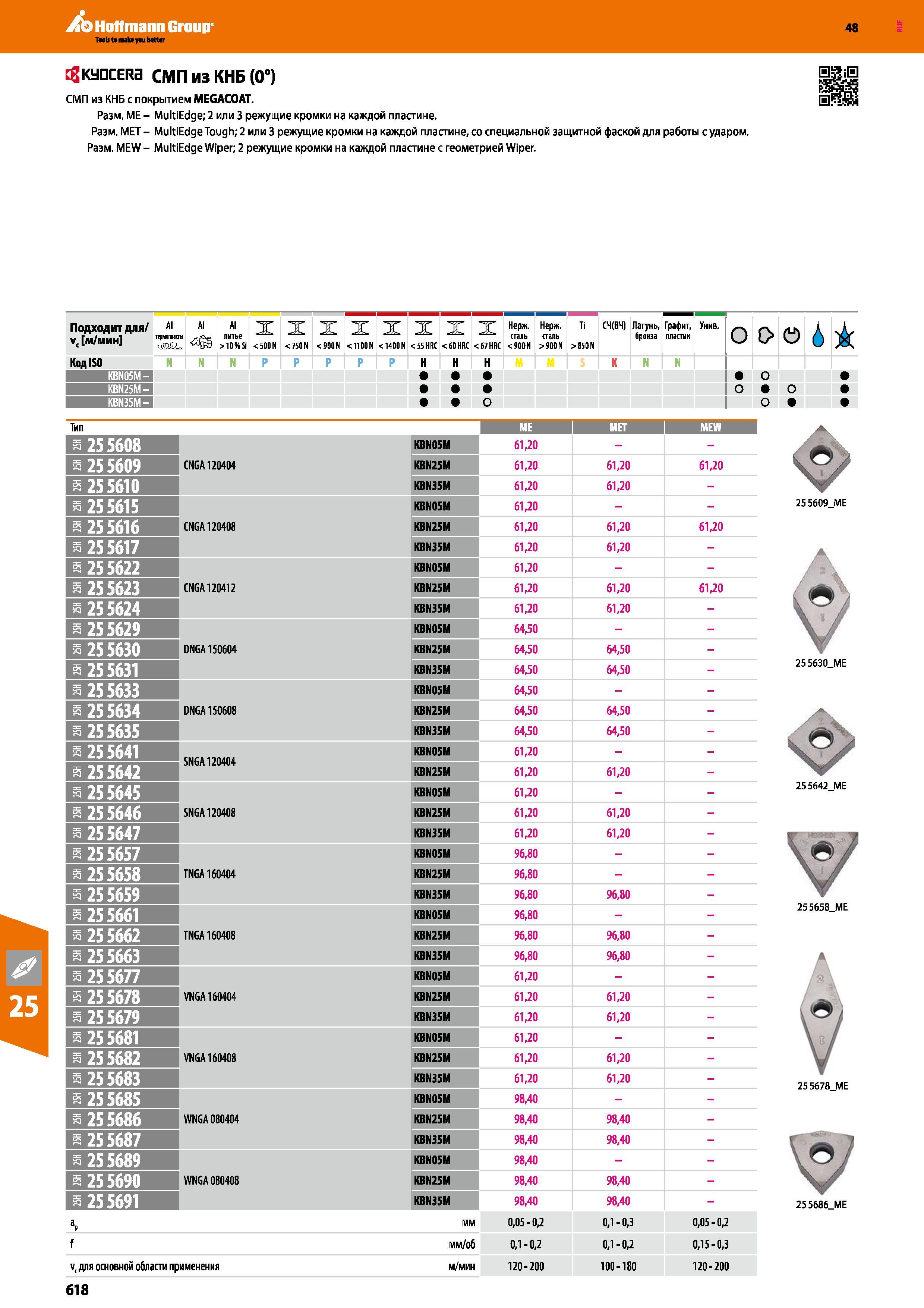 618 Hoffmann Group 48 tfKyQCERa СМП ИЗ КНБ (0°) СМП из КНБ с покрытием MEGACOAT Размер ME - MultiEdge; 2 или 3 режущие кромки на каждой пластине Размер МЕ Каталог HOFFMANN GROUP 2017 Инструмент режущий и вспомогательный для металлорежущих промышленных станков Резцы токарные Концевые твердосплавные фрезы Зажимные патроны Стр. 618