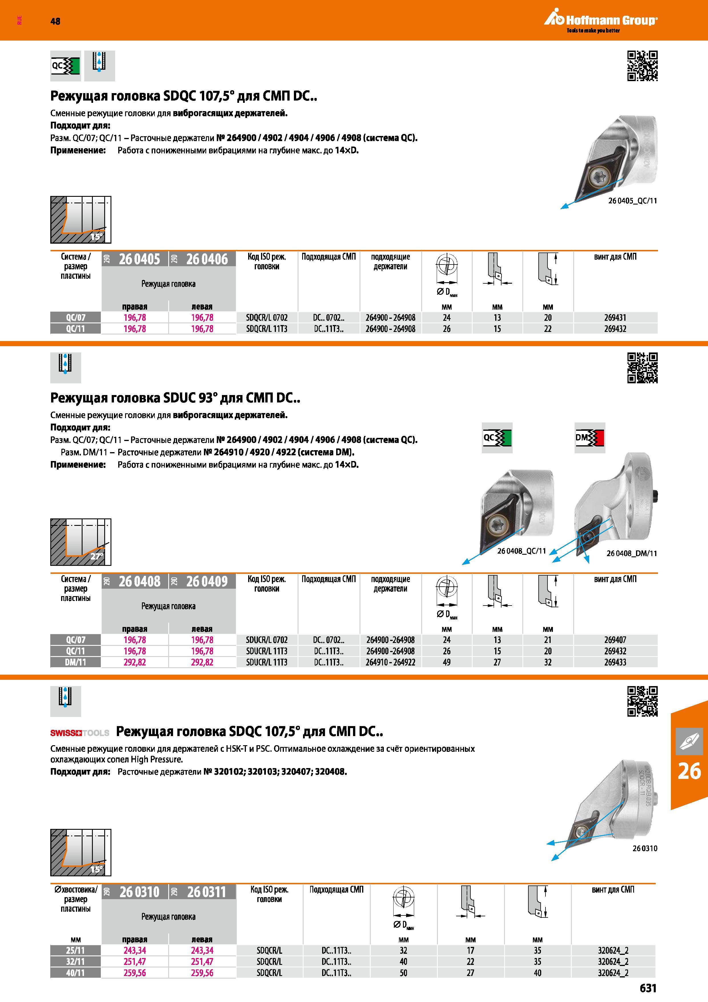 631 48 Hoffmann Group Режущая головка SDQC 107,5° для СМП DC Сменные режущие головки для виброгасящих держателей Подходит для: Размер QC/07; QC/11 - Расто Каталог HOFFMANN GROUP 2017 Инструмент режущий и вспомогательный для металлорежущих промышленных станков Резцы токарные Концевые твердосплавные фрезы Зажимные патроны Стр. 631