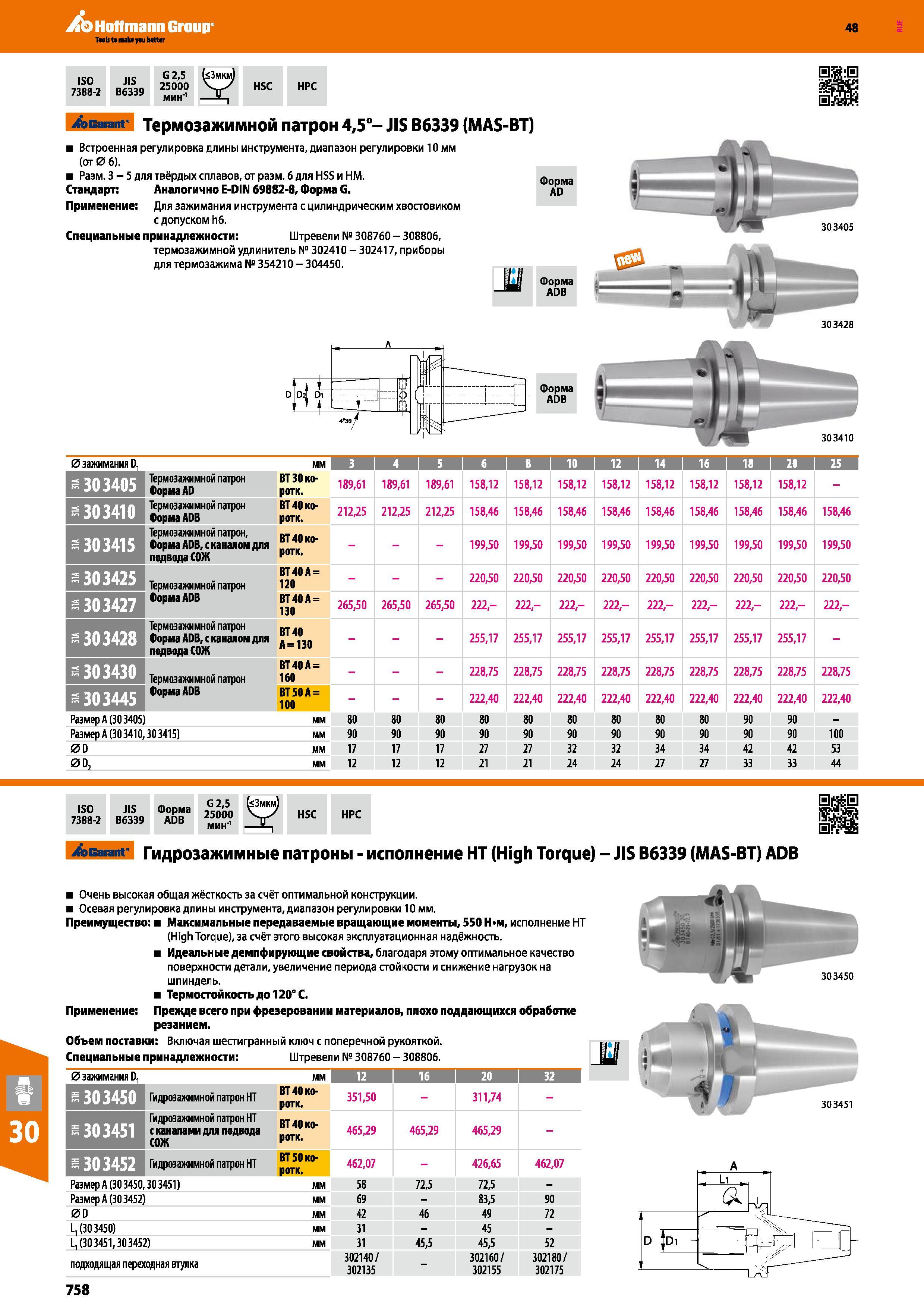 758 Hoffmann Group 48 ISO 7388-2 JIS B6339 G 2,5 25000 мин'1 HSC HPC Garant Термозажимной патрон 4,5°- JIS B6339 (MAS-BT) Встроенная регулировка длины инс Каталог HOFFMANN GROUP 2017 Инструмент режущий и вспомогательный для металлорежущих промышленных станков Резцы токарные Концевые твердосплавные фрезы Зажимные патроны Стр. 758