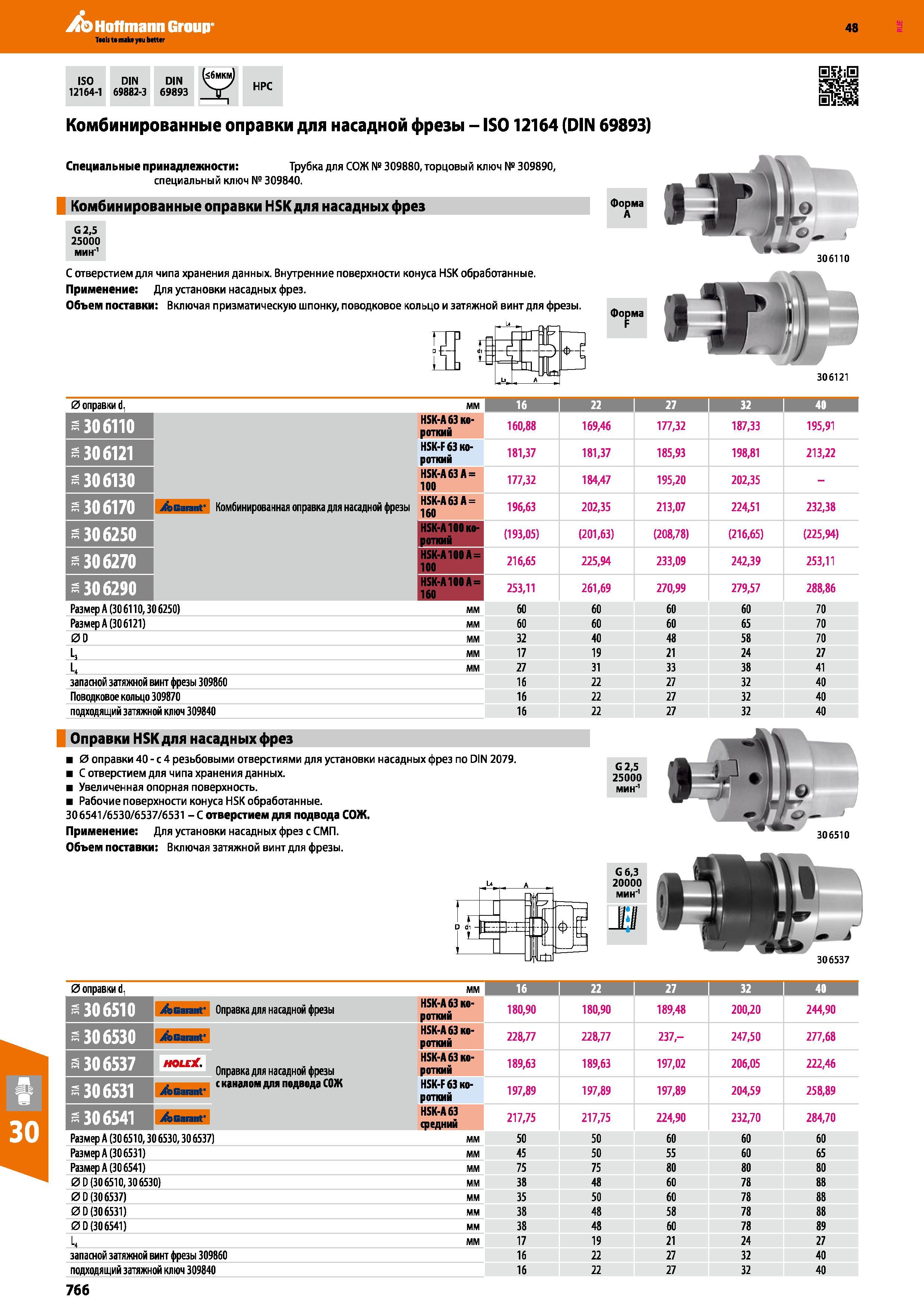766 Hoffmann Group 48 ISO DIN 12164-1 69882-3 69893 HPC Комбинированные оправки для насадной фрезы - IS012164 (DIN 69893) Специальные принадлежности: Труб Каталог HOFFMANN GROUP 2017 Инструмент режущий и вспомогательный для металлорежущих промышленных станков Резцы токарные Концевые твердосплавные фрезы Зажимные патроны Стр. 766