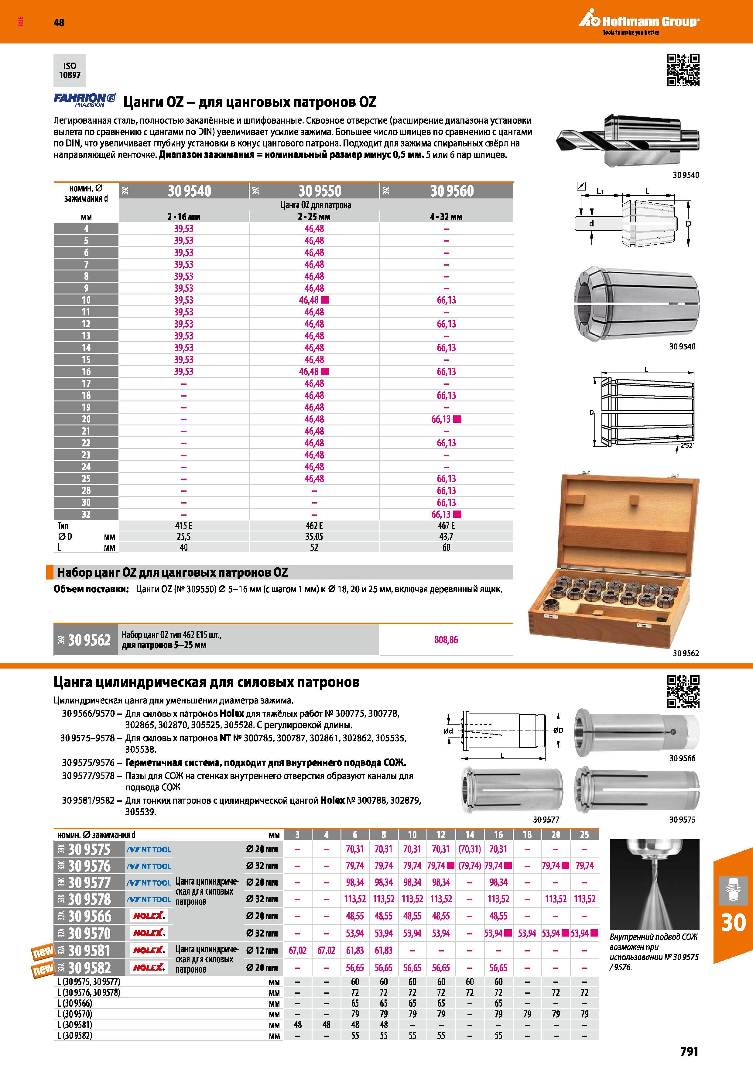 791 48 Hoffmann Group ISO 10897 ИН1Ш У Цанги OZ - для цанговых патронов OZ Легированная сталь, полностью закалённые и шлифованные Сквозное отверстие (расш Каталог HOFFMANN GROUP 2017 Инструмент режущий и вспомогательный для металлорежущих промышленных станков Резцы токарные Концевые твердосплавные фрезы Зажимные патроны Стр. 791