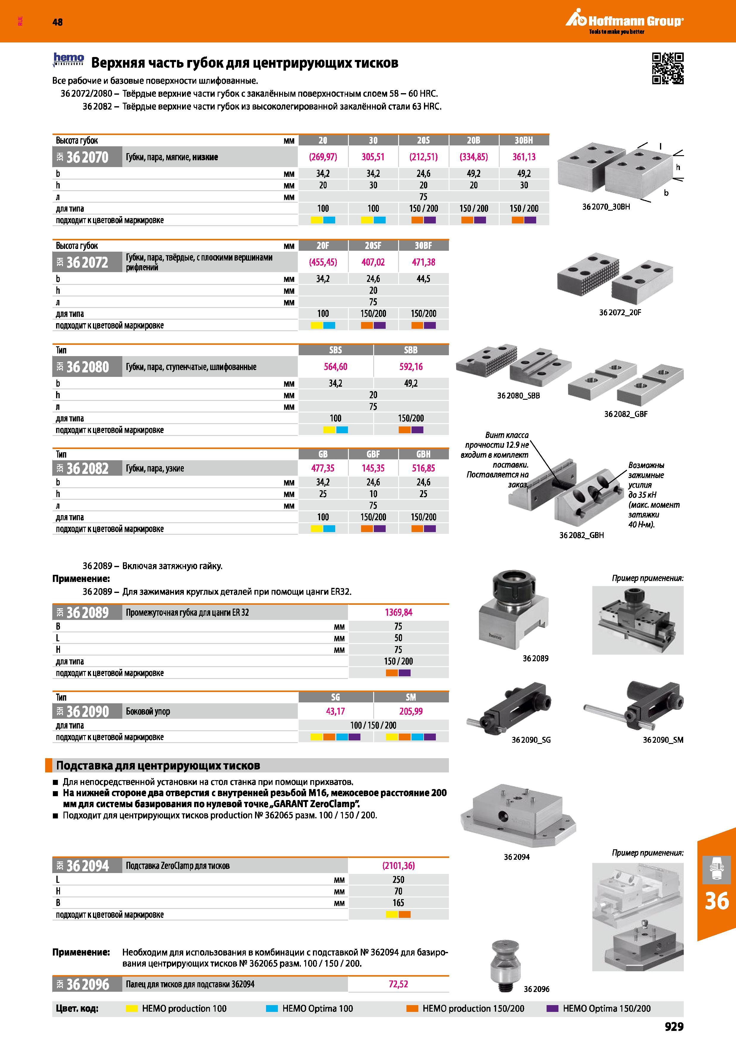 929 48 Hoffmann Group Верхняя часть губок для центрирующих тисков Все рабочие и базовые поверхности шлифованные 362072/2080 - Твёрдые верхние части губок Каталог HOFFMANN GROUP 2017 Инструмент режущий и вспомогательный для металлорежущих промышленных станков Резцы токарные Концевые твердосплавные фрезы Зажимные патроны Стр. 929
