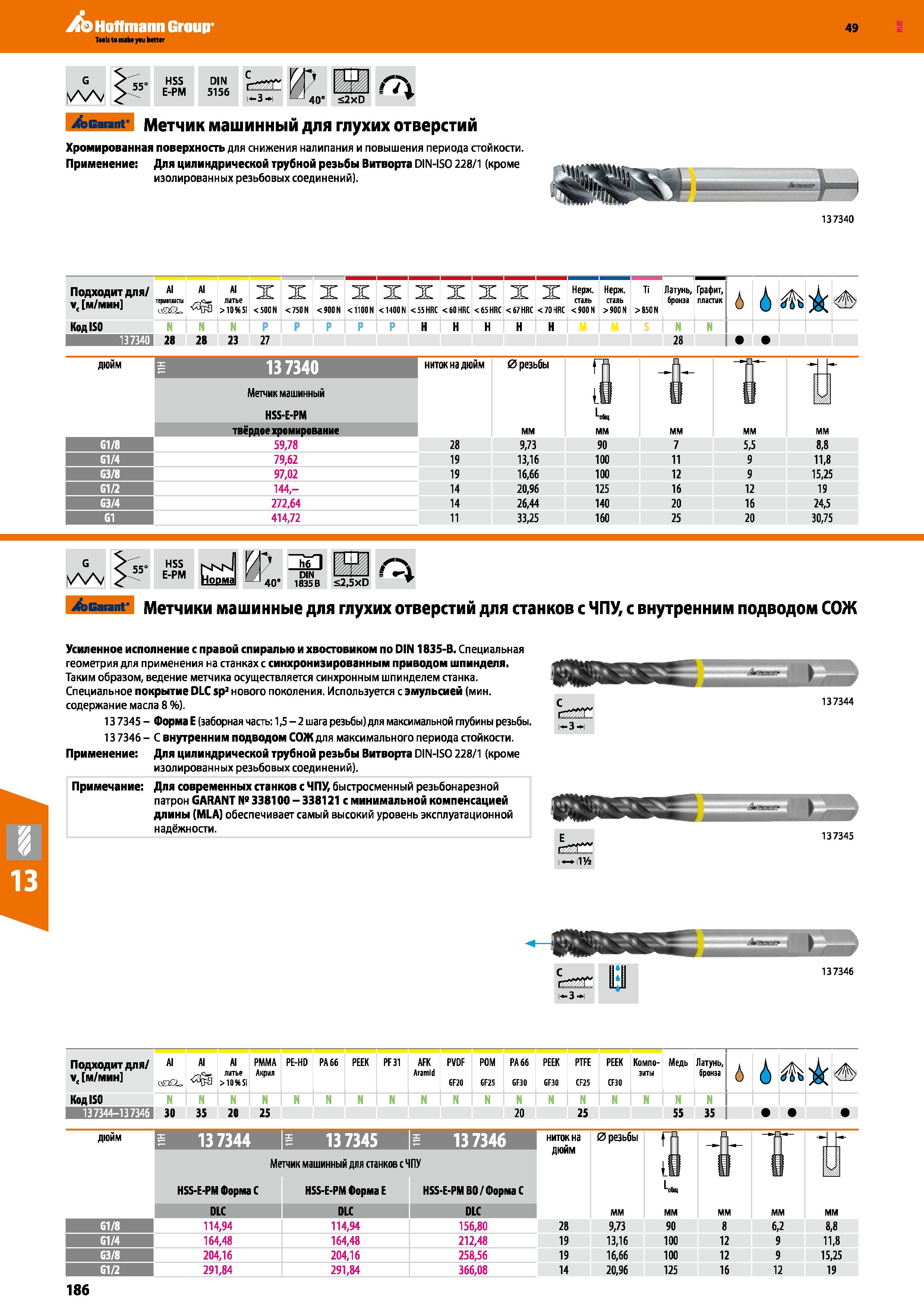 186 Hoffmann Group 49 HSS E-PM IN 5156 r- 1 3 1 Garant Метчик машинный для глухих отверстий Хромированная поверхность для снижения налипа Каталог HOFFMANN GROUP 2018 Профессиональный режущий и вспомогательный инструмент для промышленного оборудования Сверла Фрезы Метчики Державки Стр. 186