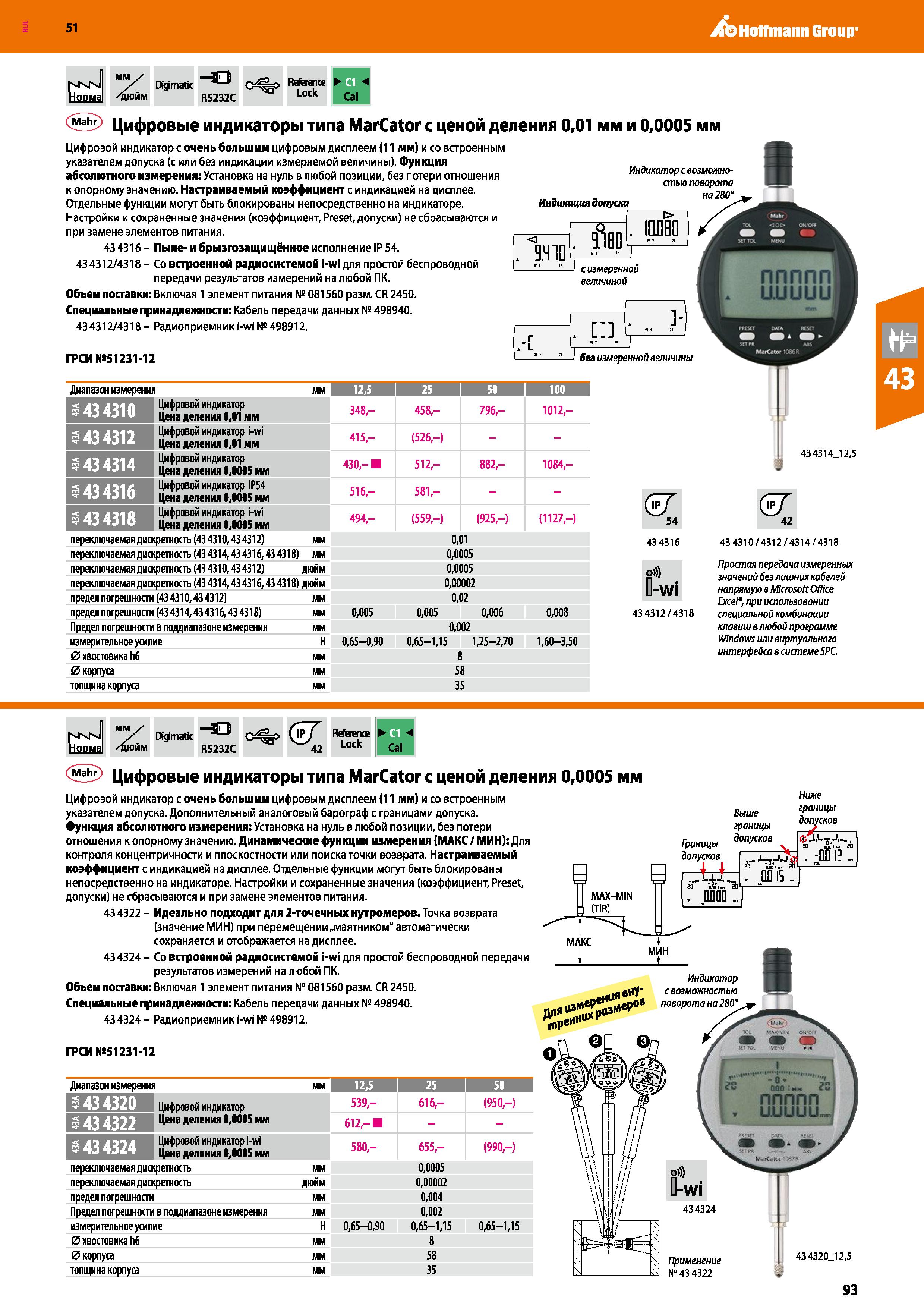 93 Hoffmann Group 51 nKN HoDMa мм У юйм Digimatic RS232C Rrference Lock Cal 5 Цифровые индикаторы типа MarCator с ценой деления 0,01 мм и 0,0005 мм Каталог HOFFMANN GROUP 2020 Измерительный и ручной инструмент Инвентарь Абразивы Шлифовальные и отрезные круги Электроинструмент Пневмоинструмент Штангенциркули Стр. 93